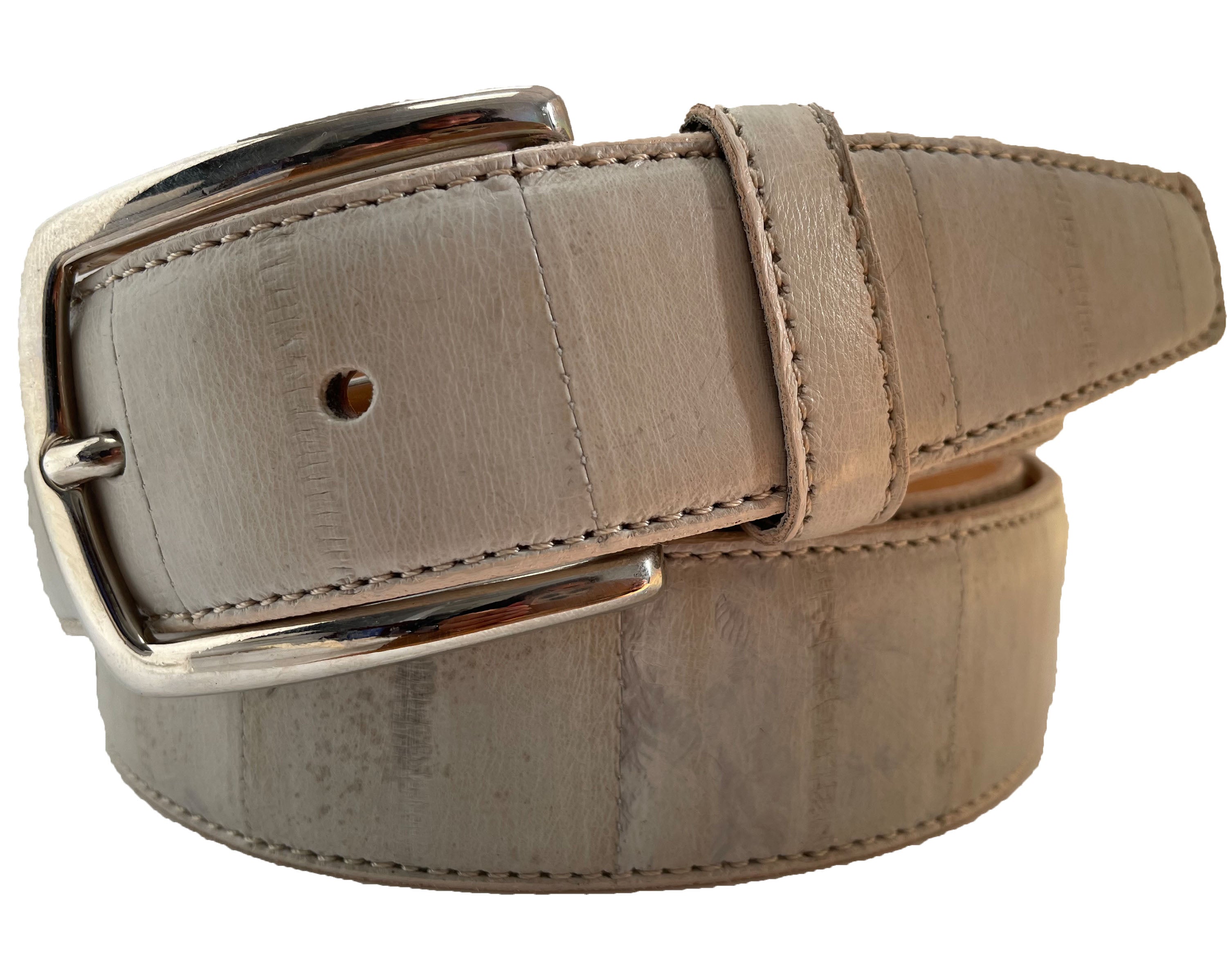 BEIGE CREAM REPTILE EEL PRINT 35MM LEATHER BELT