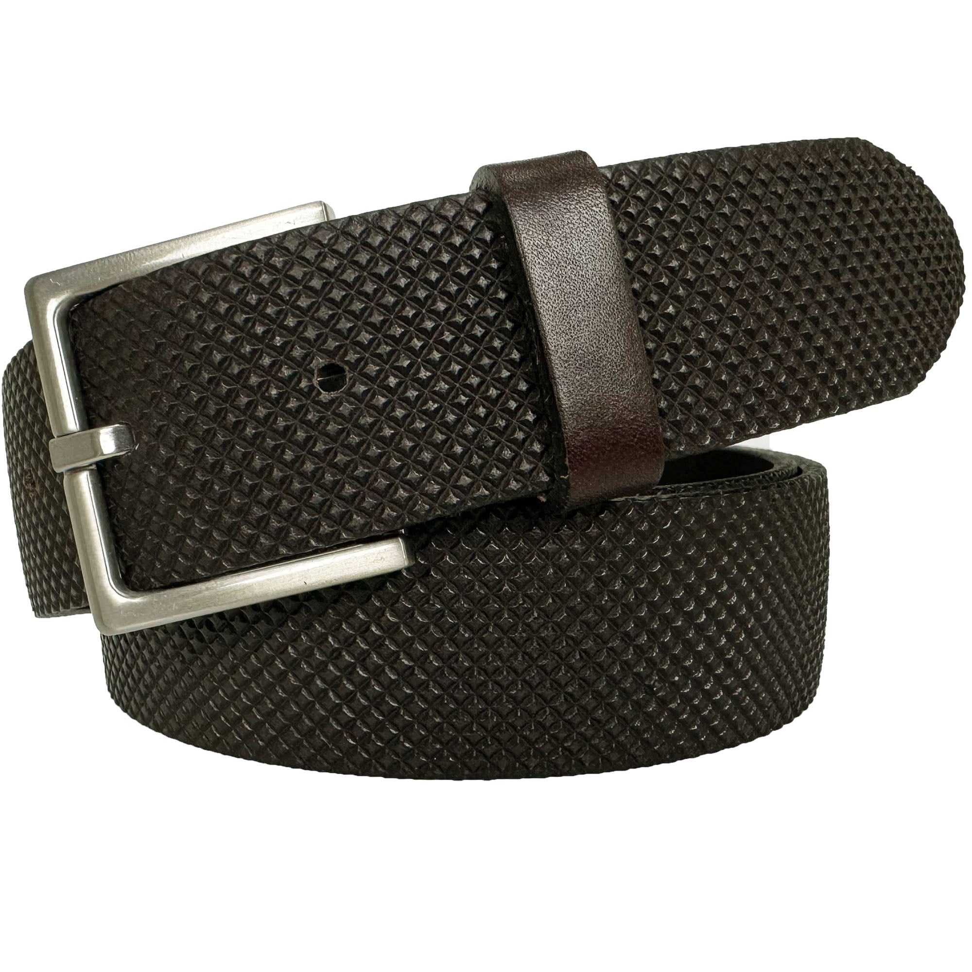 BROWN 35MM DIAMOND EMBOSSED HIDE LEATHER BELT