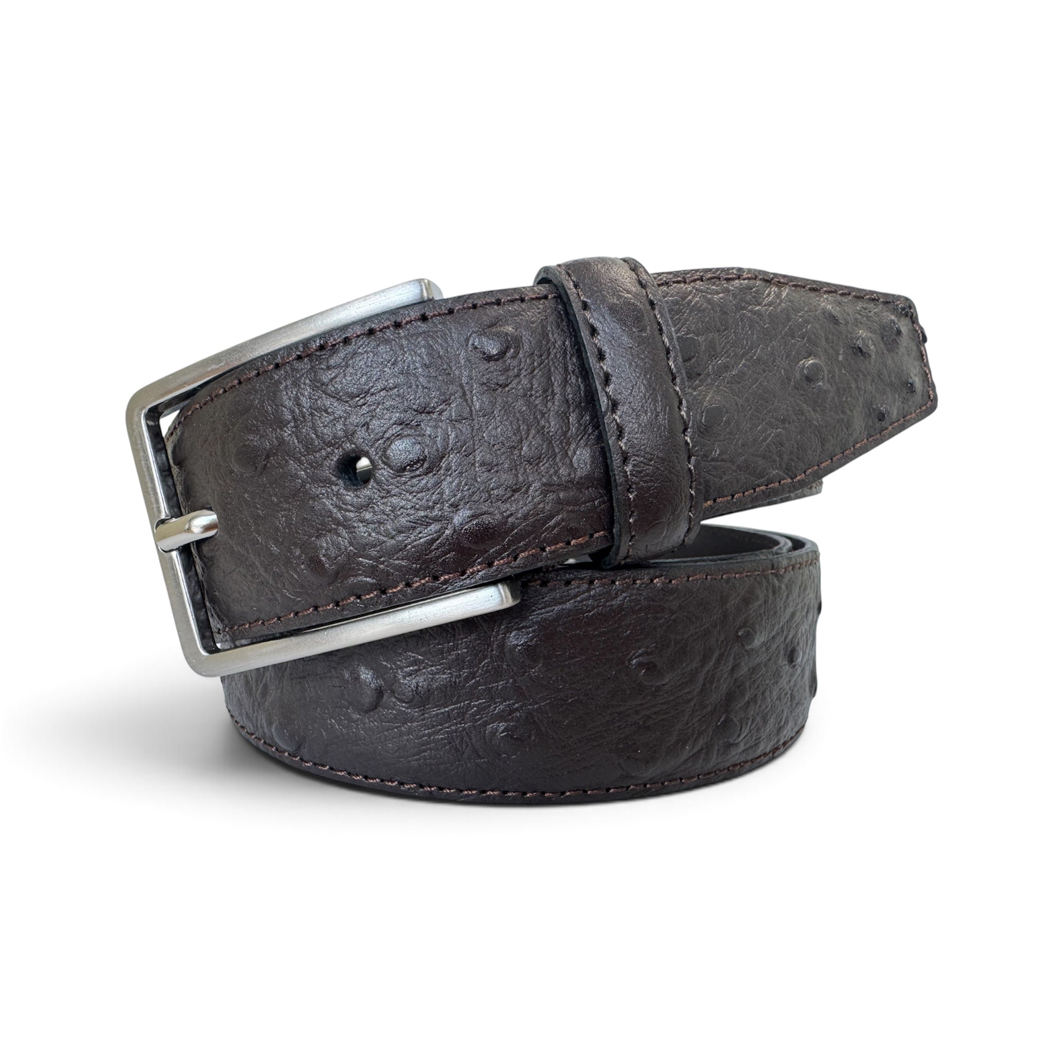 A dark brown ostrich leather belt with a silver-tone metal buckle, neatly coiled on a white background.