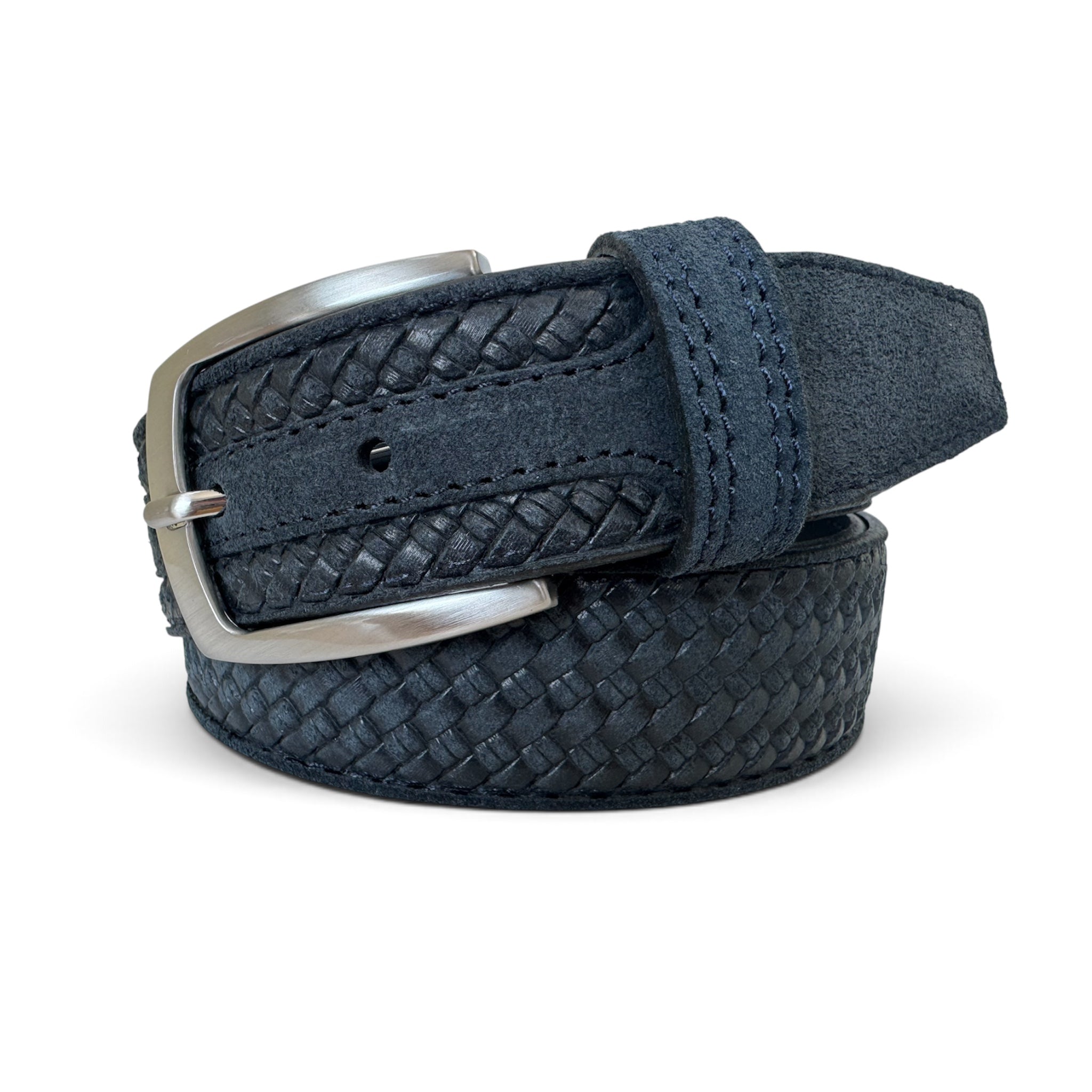 A dark navy blue woven leather belt with a silver-tone metal buckle, neatly coiled on a white background.