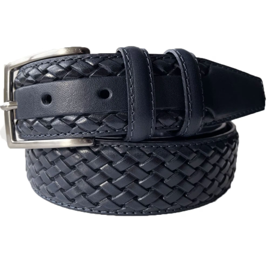 DARK BLUE LEATHER BRAID WEAVE EMBOSSED 35MM LEATHER BELT