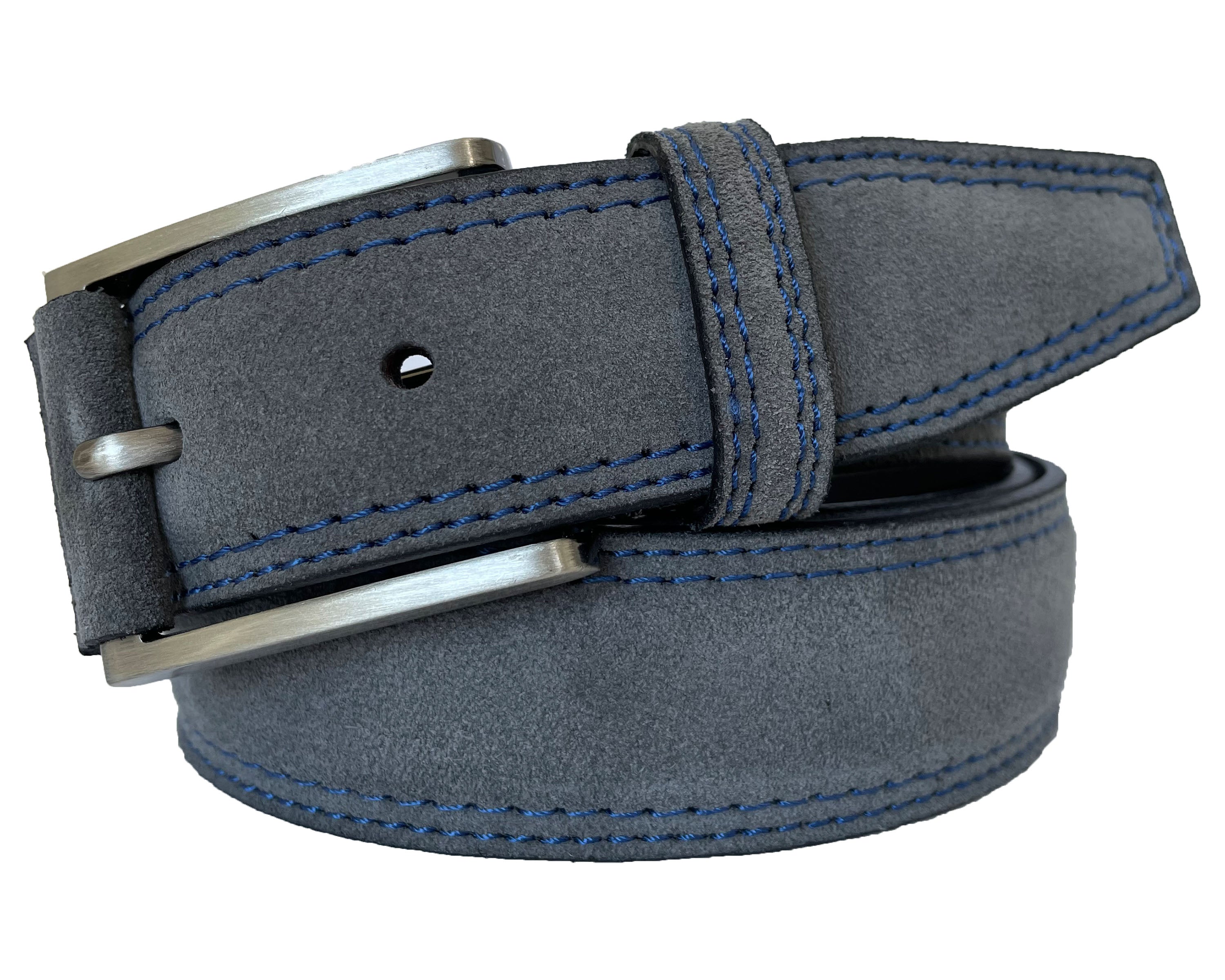 CONTRAST STITCH GREY WITH BLUE SUEDE BELT 35MM