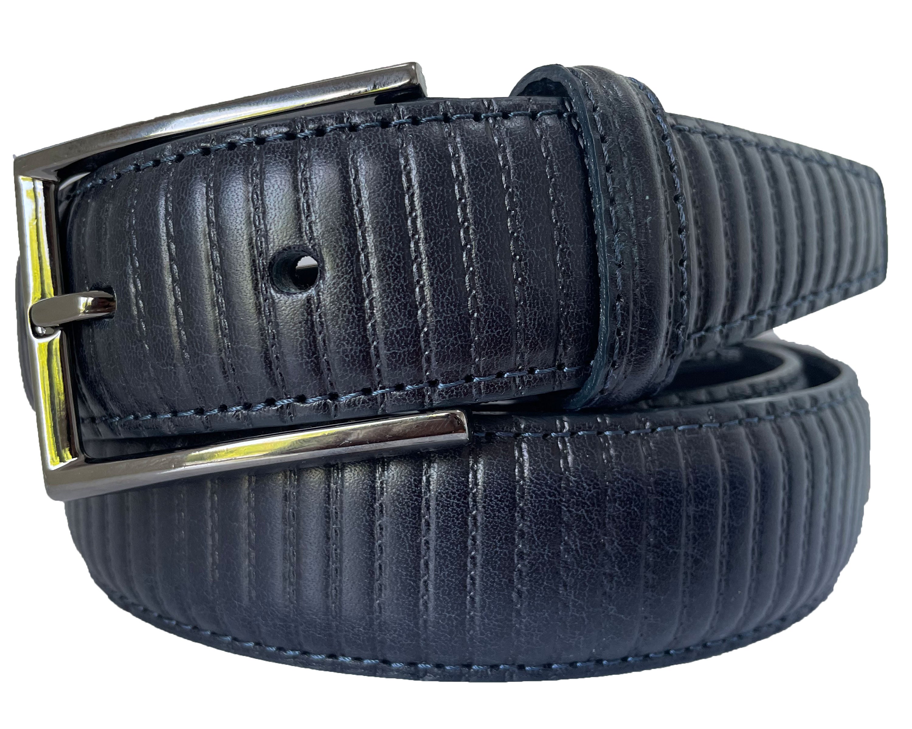 DARKEST NAVY BLUE STRIPE EMBOSSED STRUCTURED CALF LEATHER 35MM LEATHER BELT