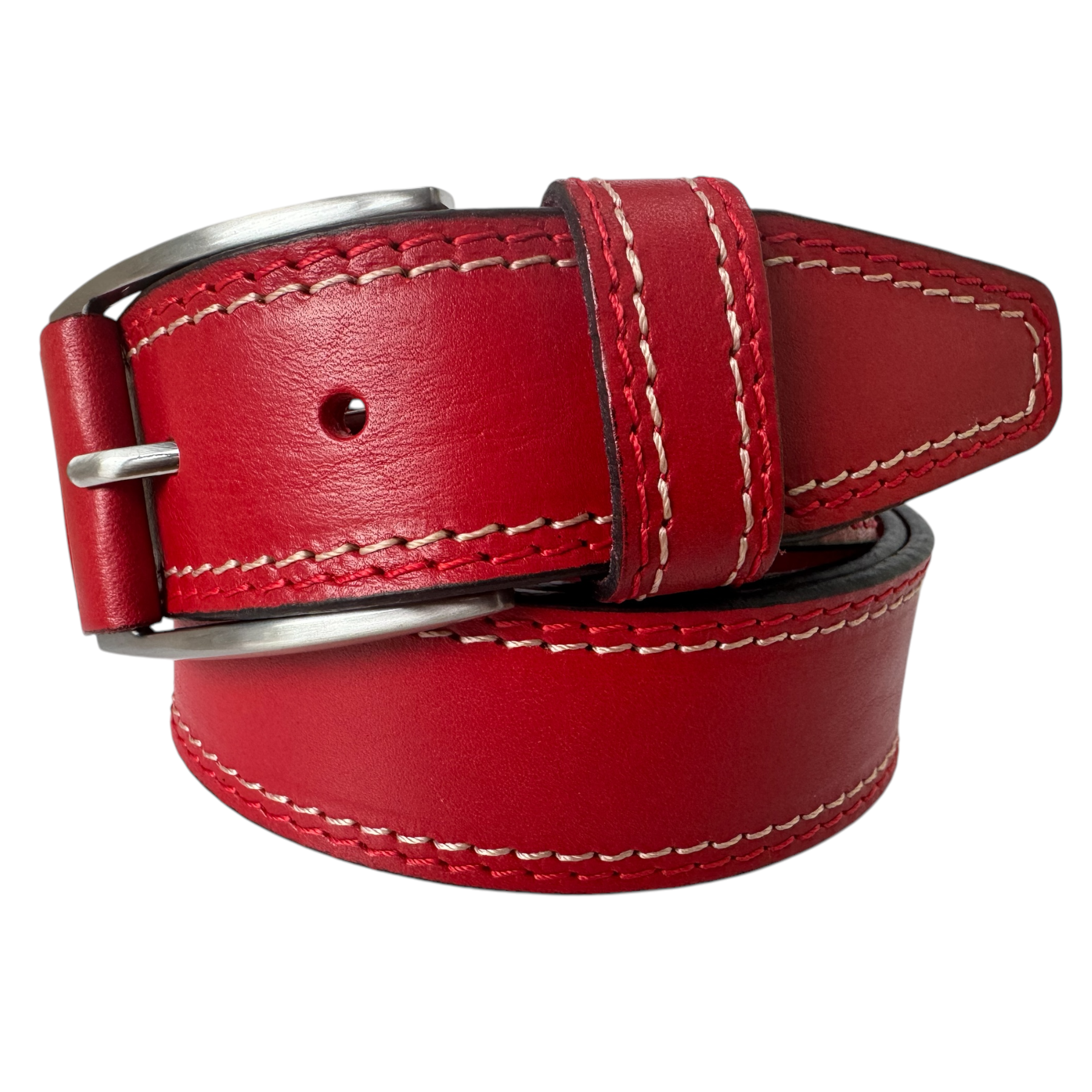 RED 40MM CONTRAST DOUBLE STITCHED HIDE LEATHER BELT