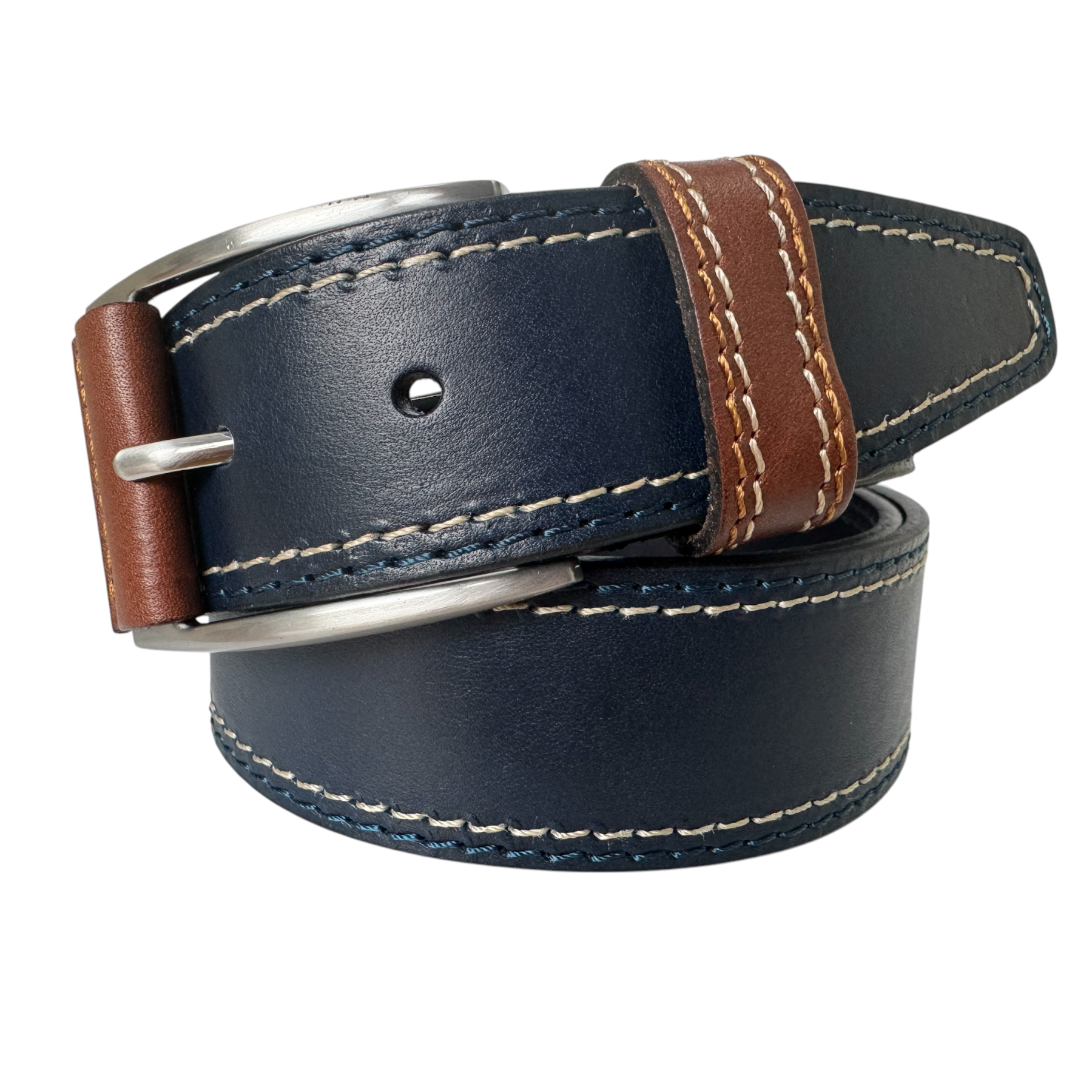 BLUE 40MM CONTRAST DOUBLE STITCHED HIDE LEATHER BELT