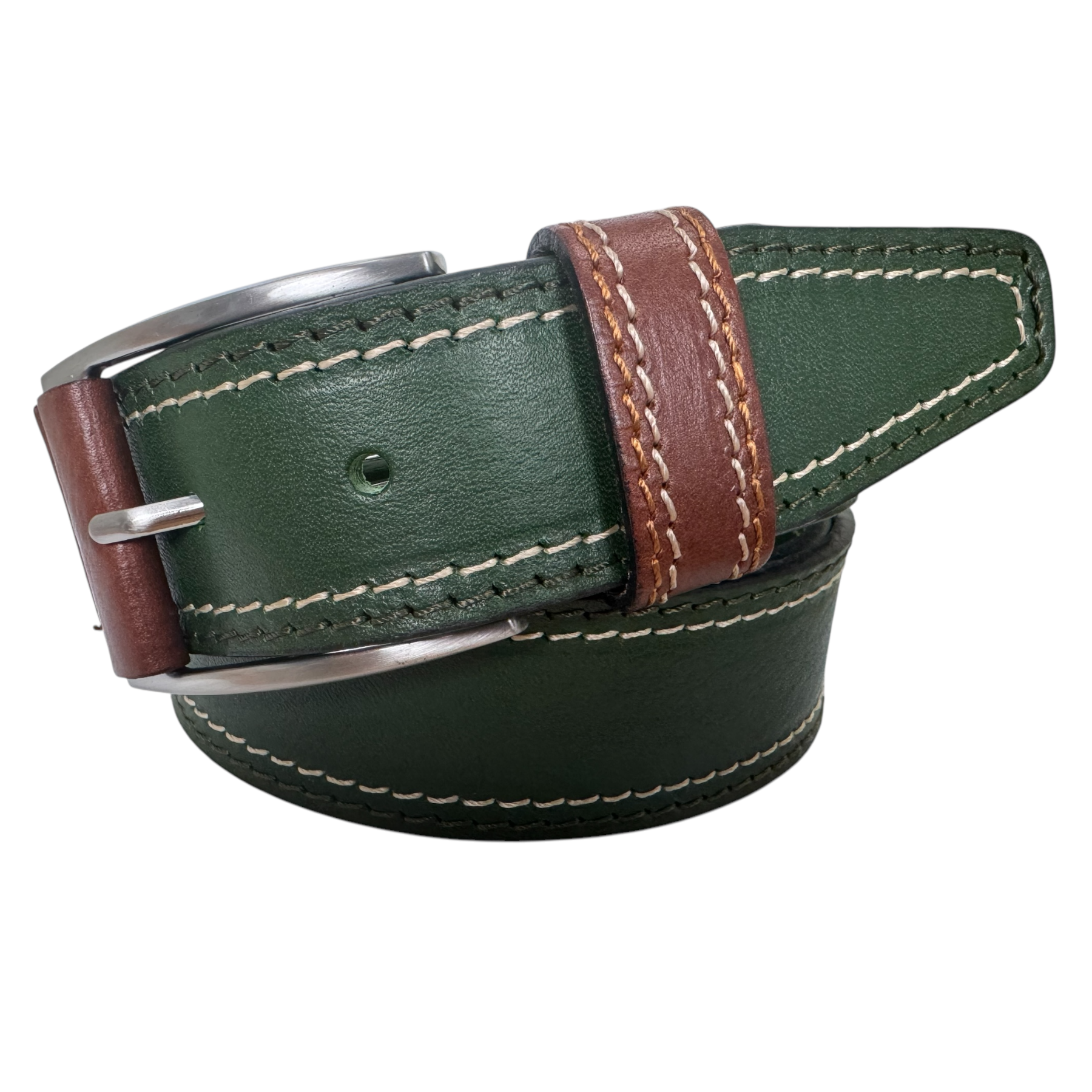 DARK GREEN 40MM CONTRAST DOUBLE STITCHED HIDE LEATHER BELT