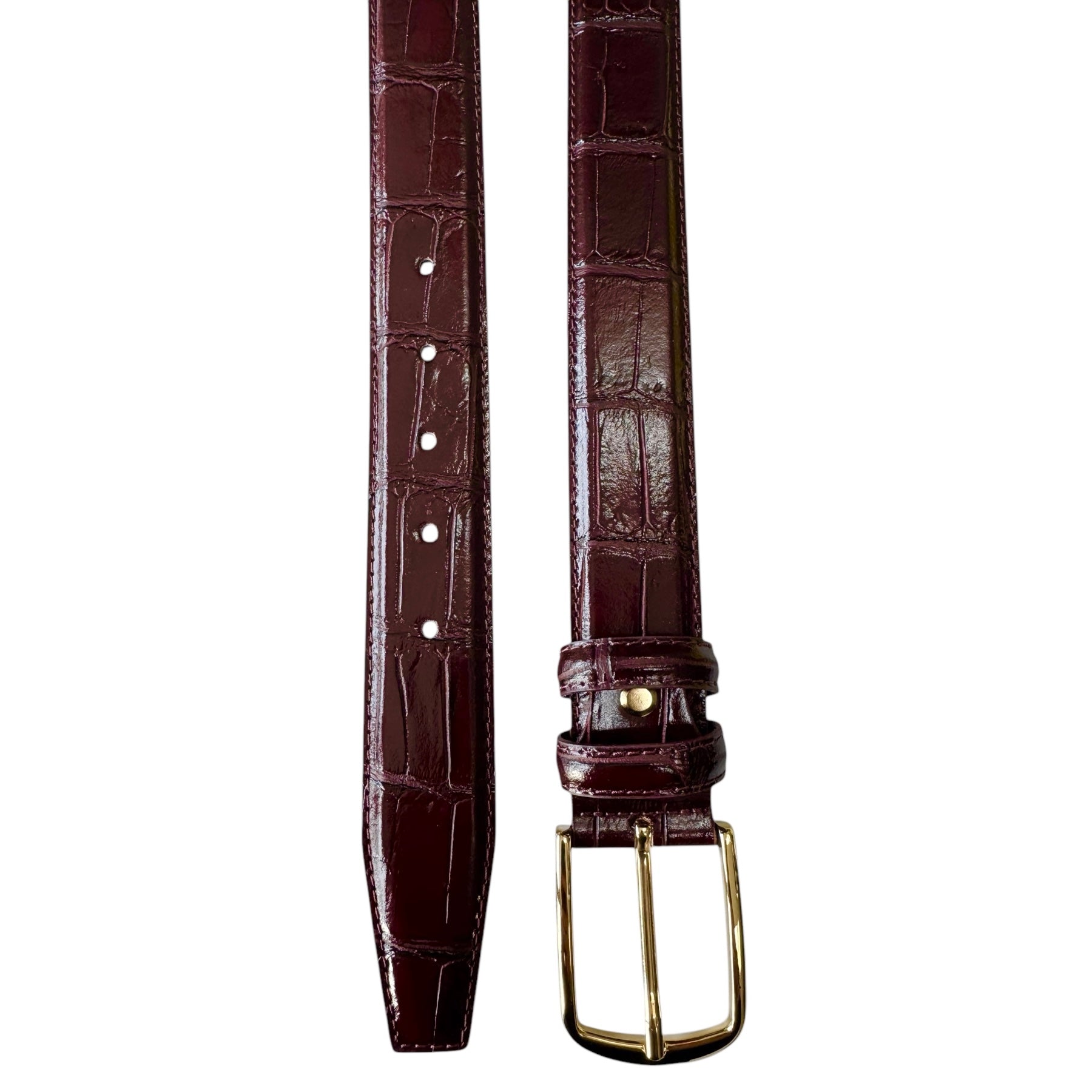 ITALIAN LEATHER BURGUNDY CROCODILE GOLD BUCKLE 35MM