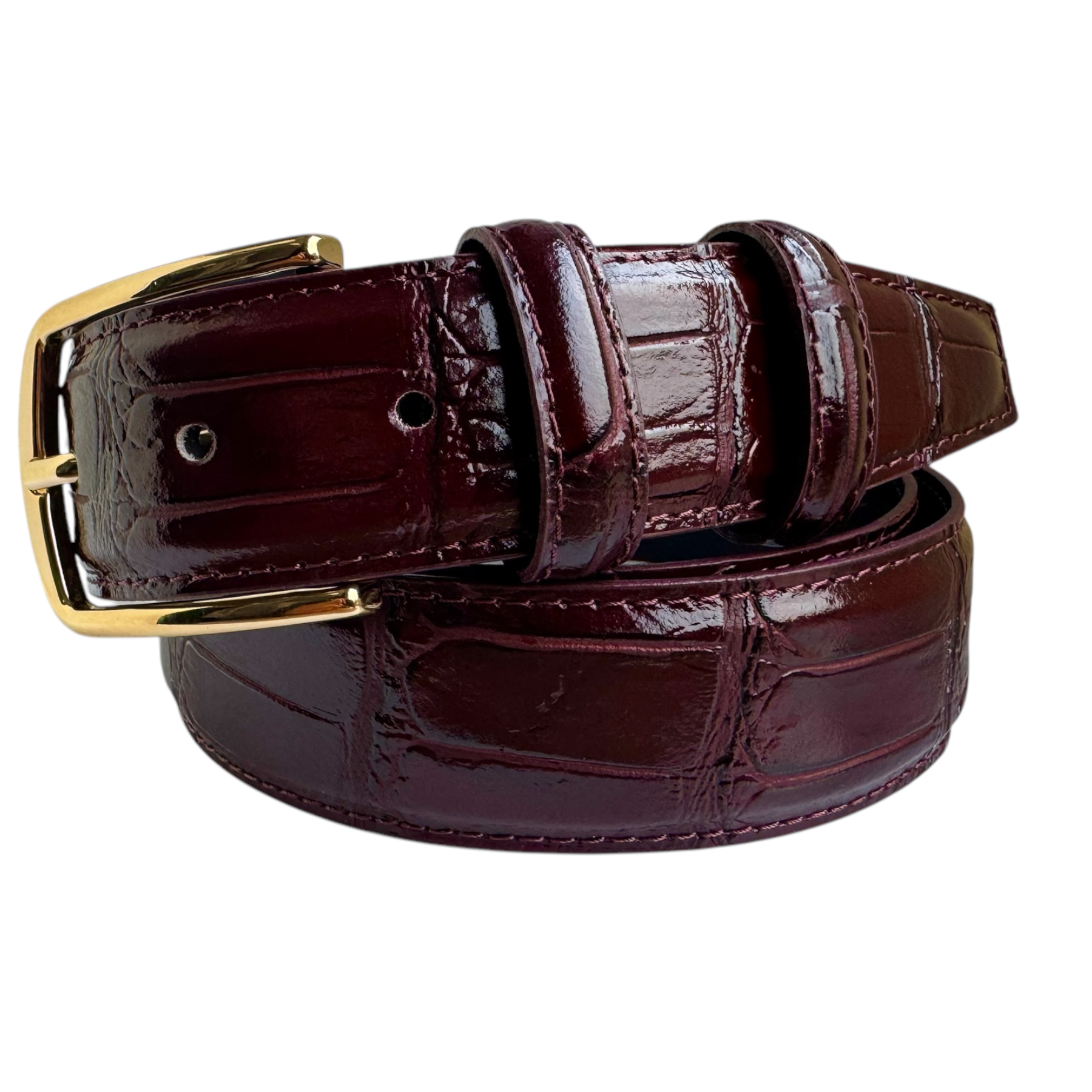 ITALIAN LEATHER BURGUNDY CROCODILE GOLD BUCKLE 35MM