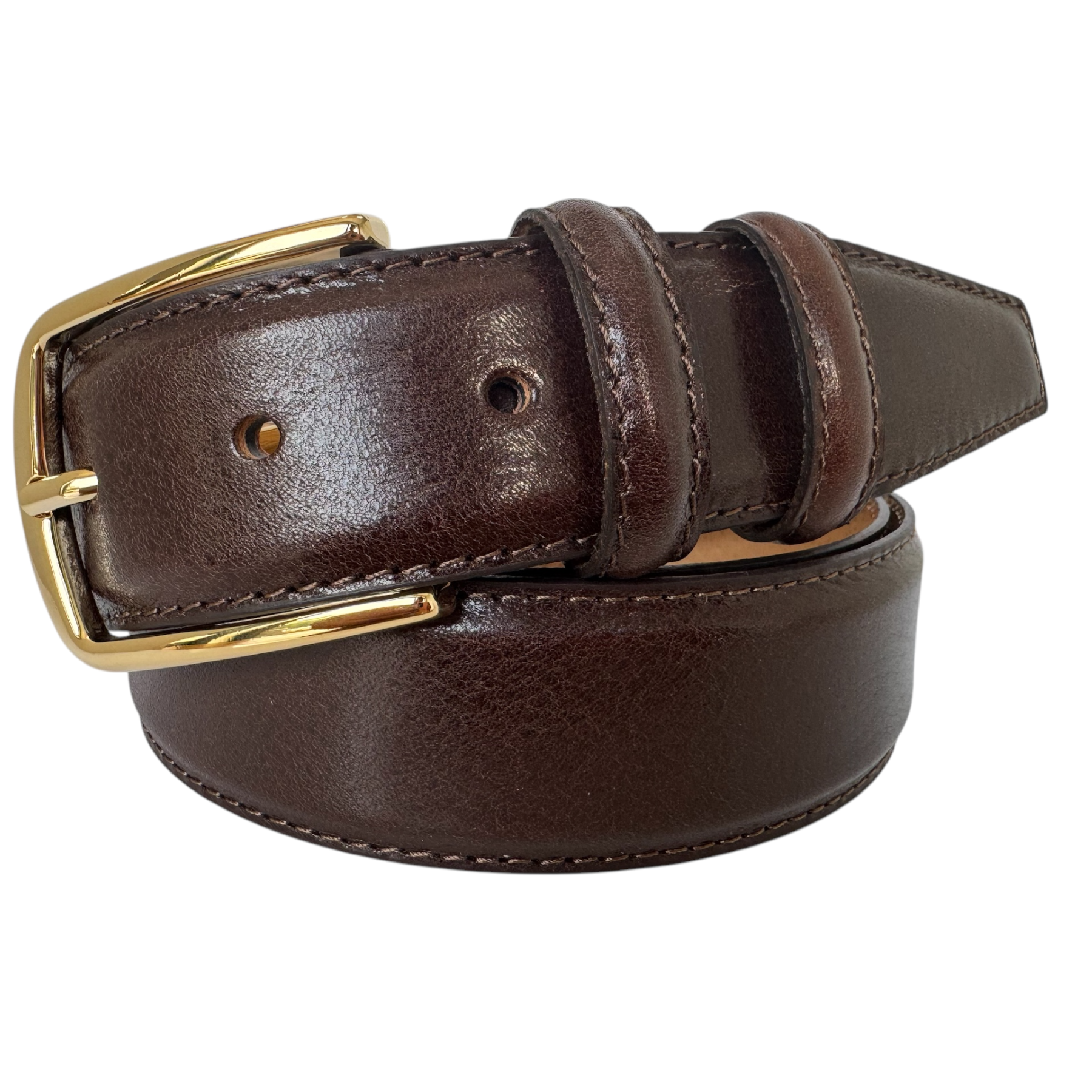 CLASSIC BROWN CALF LEATHER BELT GOLD BUCKLE -35MM