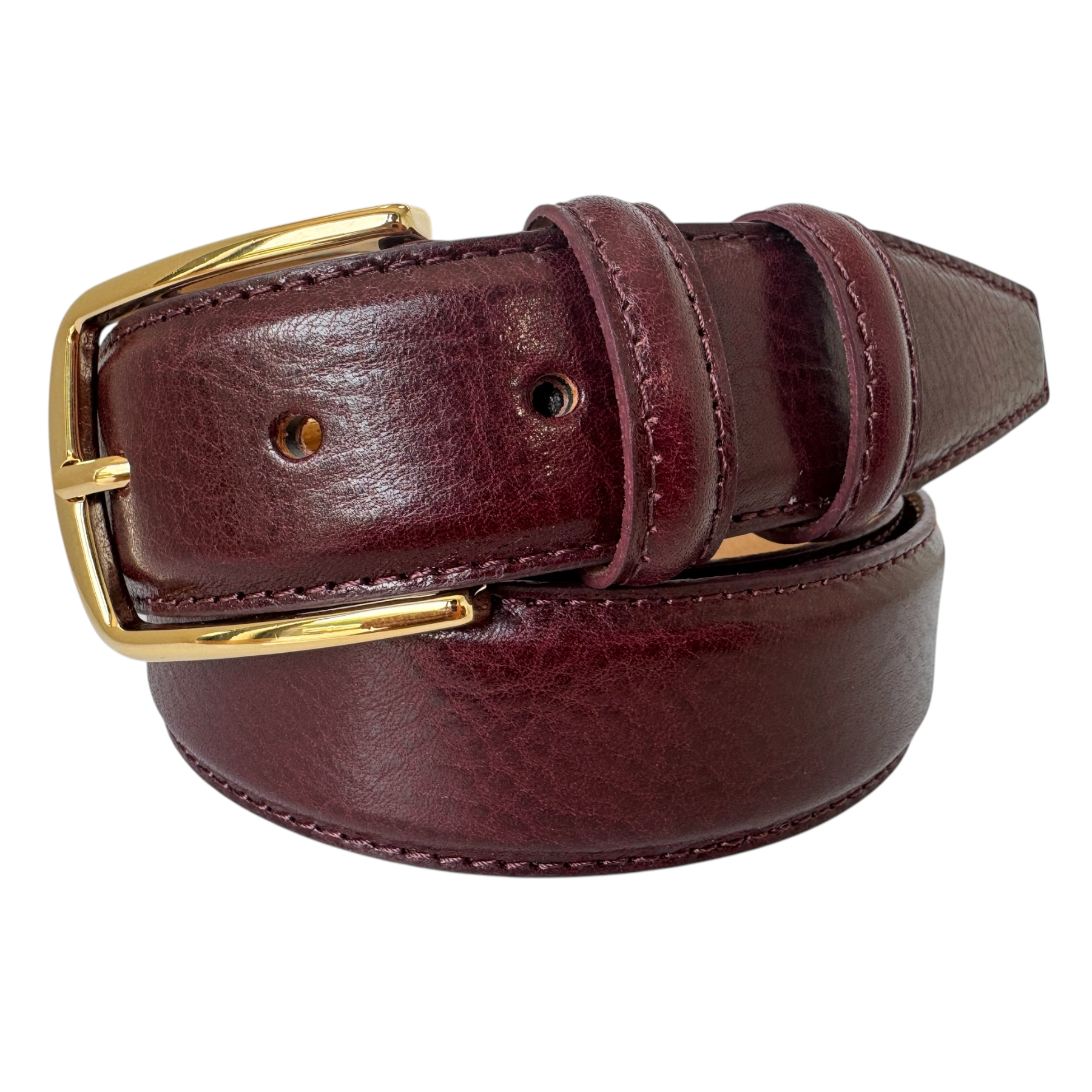 CLASSIC BURGUNDY CALF LEATHER BELT GOLD BUCKLE -35MM