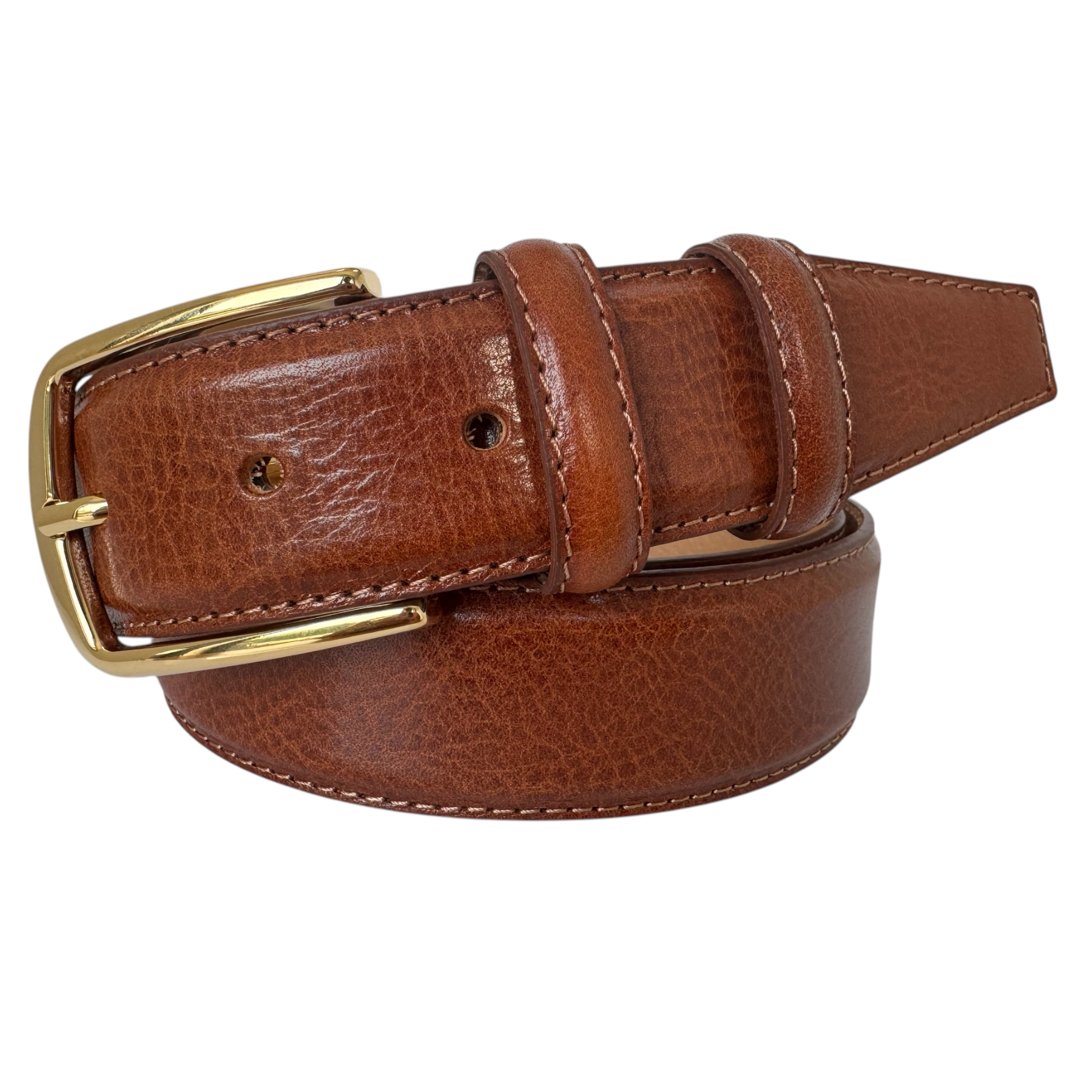 CLASSIC COGNAC TAN CALF LEATHER BELT GOLD BUCKLE -35MM
