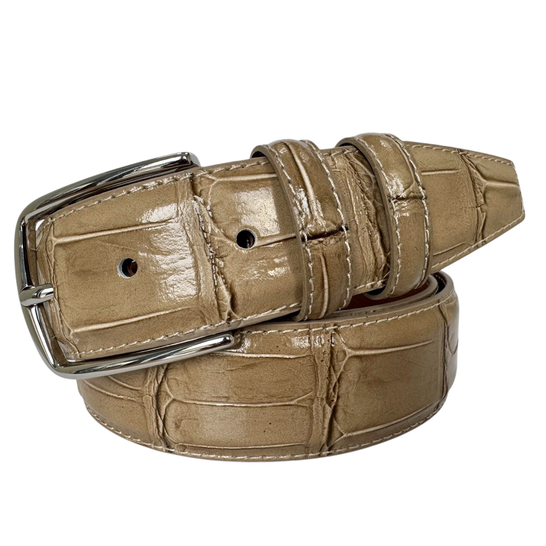 ITALIAN LEATHER CREAM CROCODILE SILVER BUCKLE 35MM