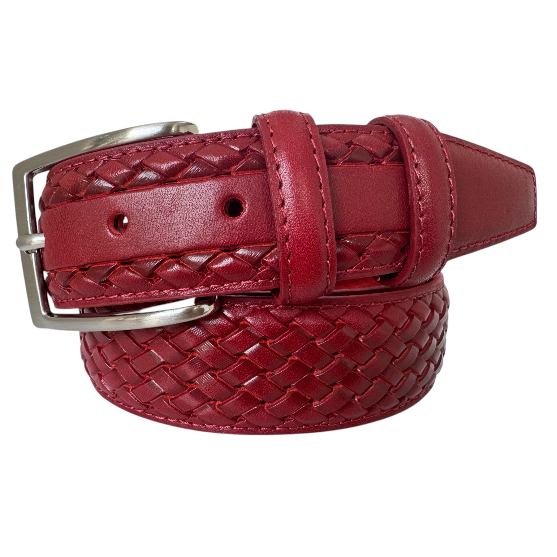 RED LEATHER BRAID WEAVE EMBOSSED 35MM LEATHER BELT