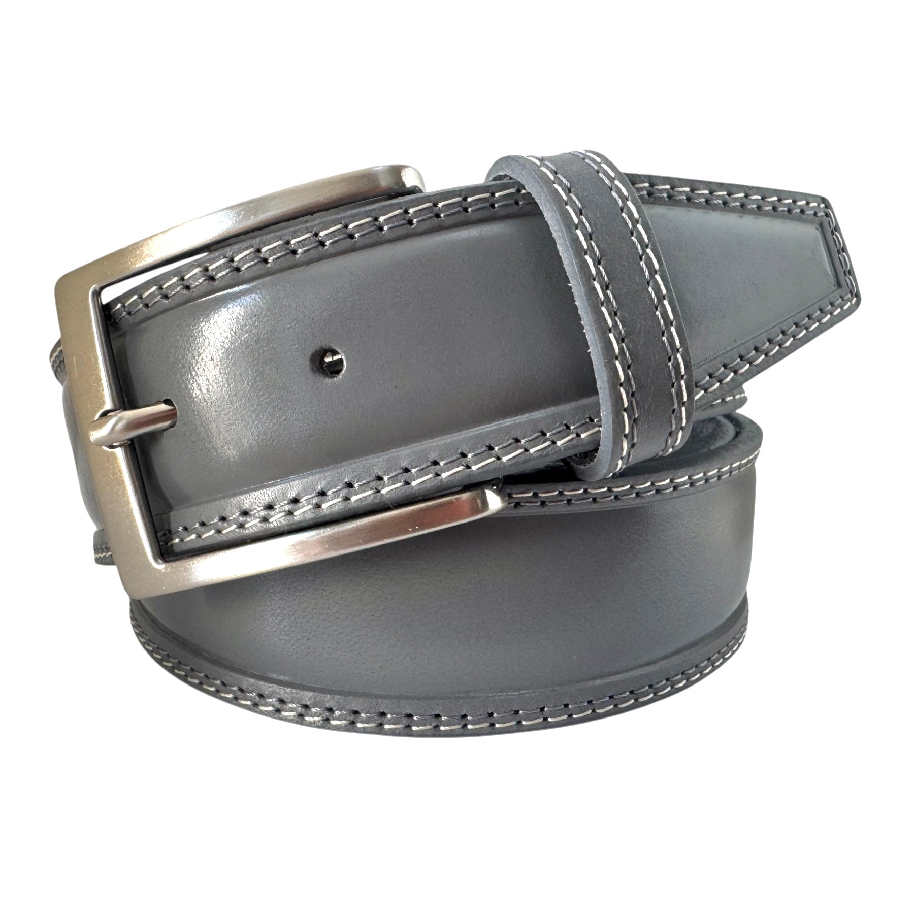 GREY DOUBLE STITCHED LEATHER BELT