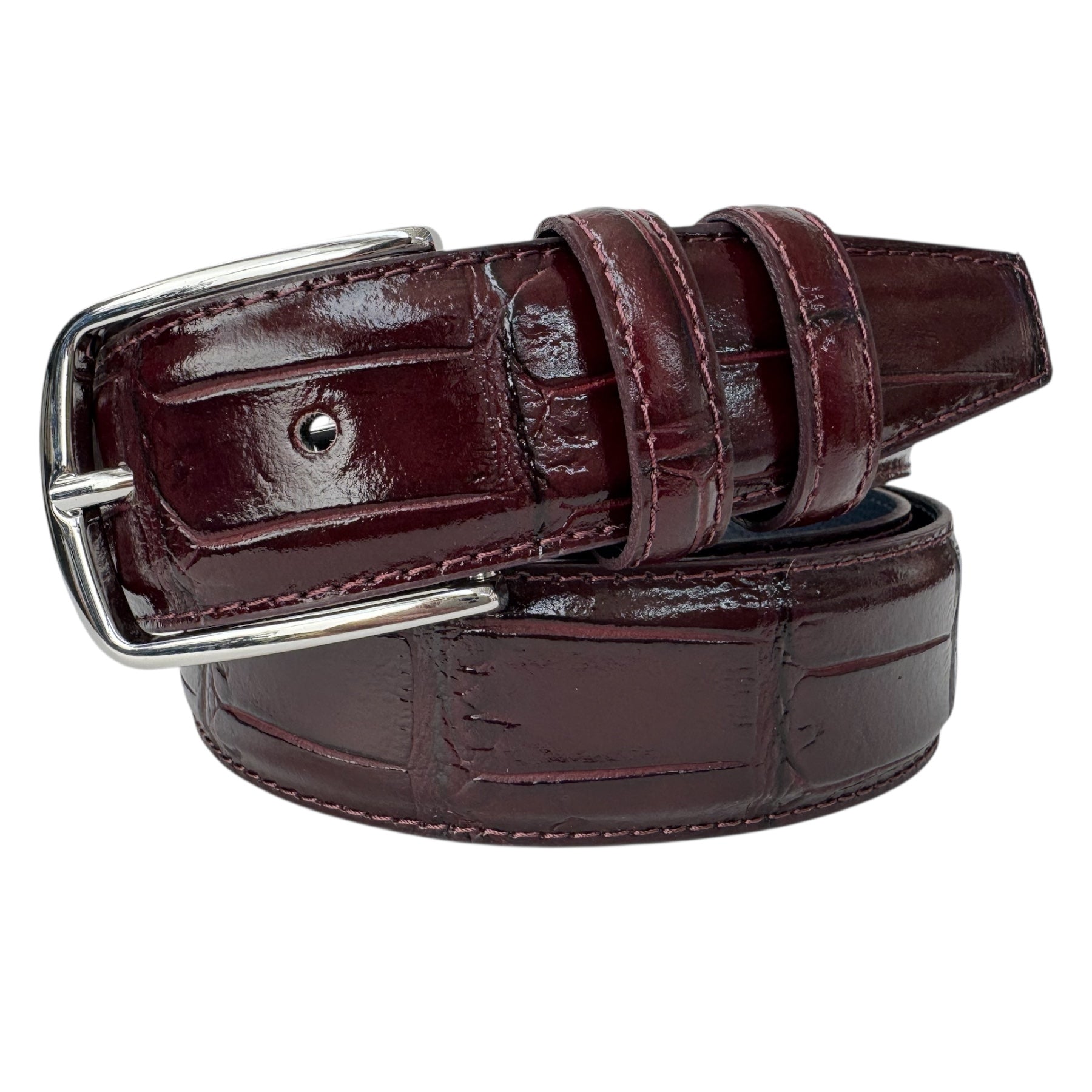 ITALIAN LEATHER BURGUNDY CROCODILE SILVER BUCKLE 35MM
