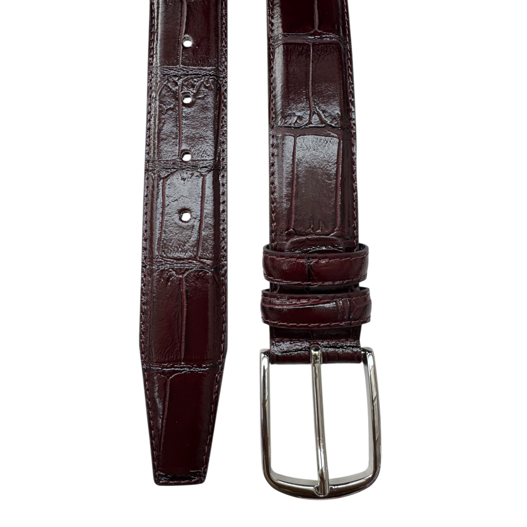 ITALIAN LEATHER BURGUNDY CROCODILE SILVER BUCKLE 35MM