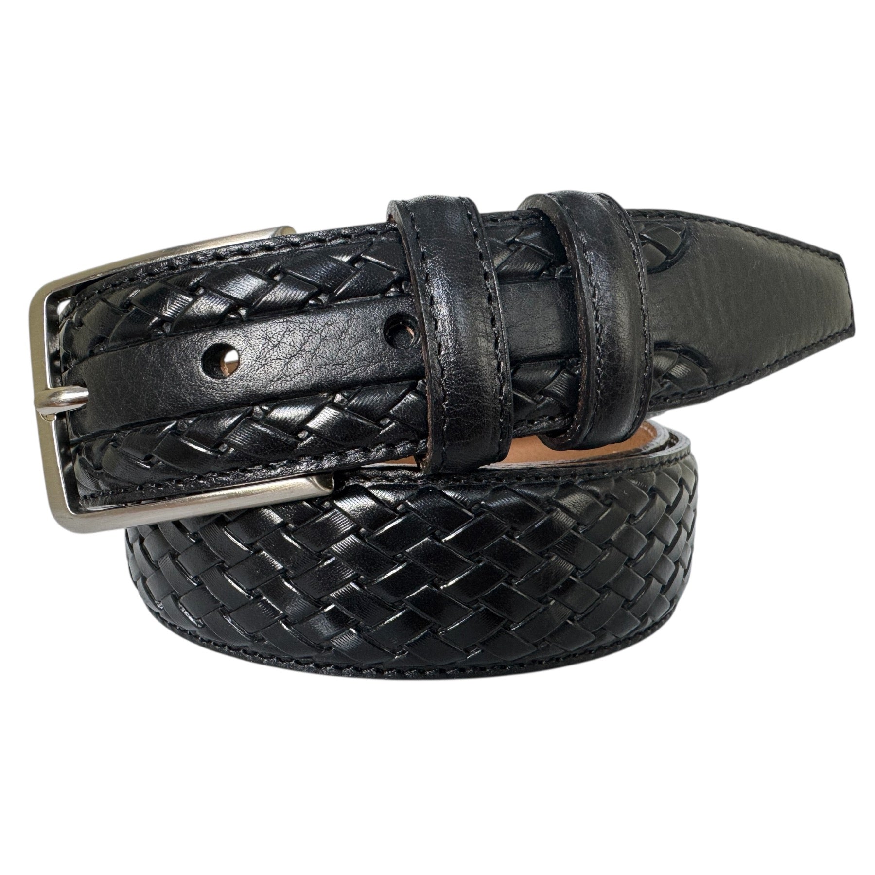 BLACK LEATHER BRAID EMBOSSED 35MM LEATHER BELT