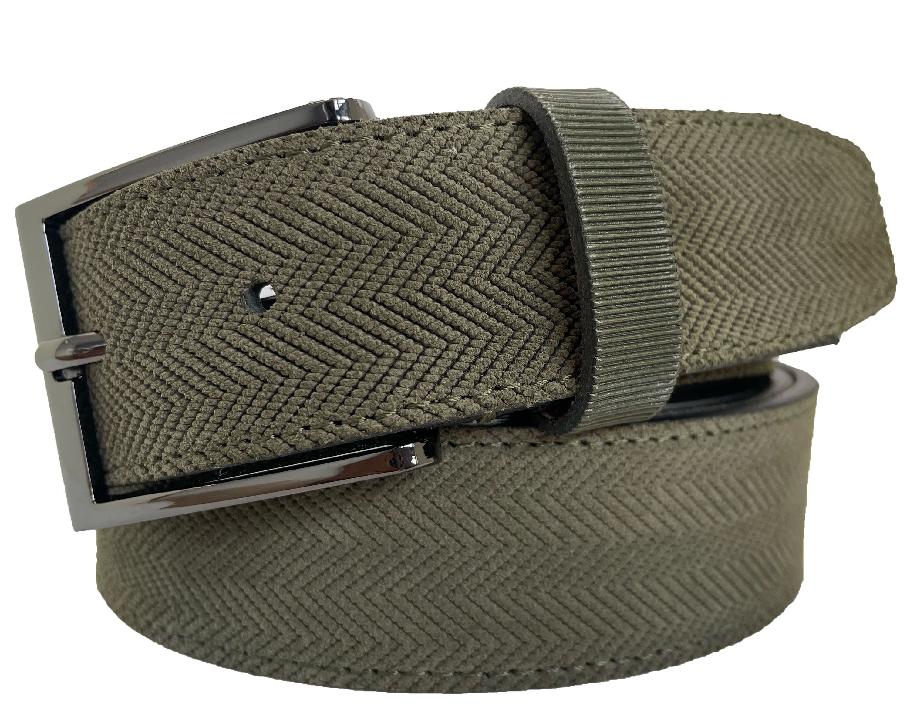 OLIVE GREEN ZIG ZAG EMBOSSED SUEDE BELT 35MM