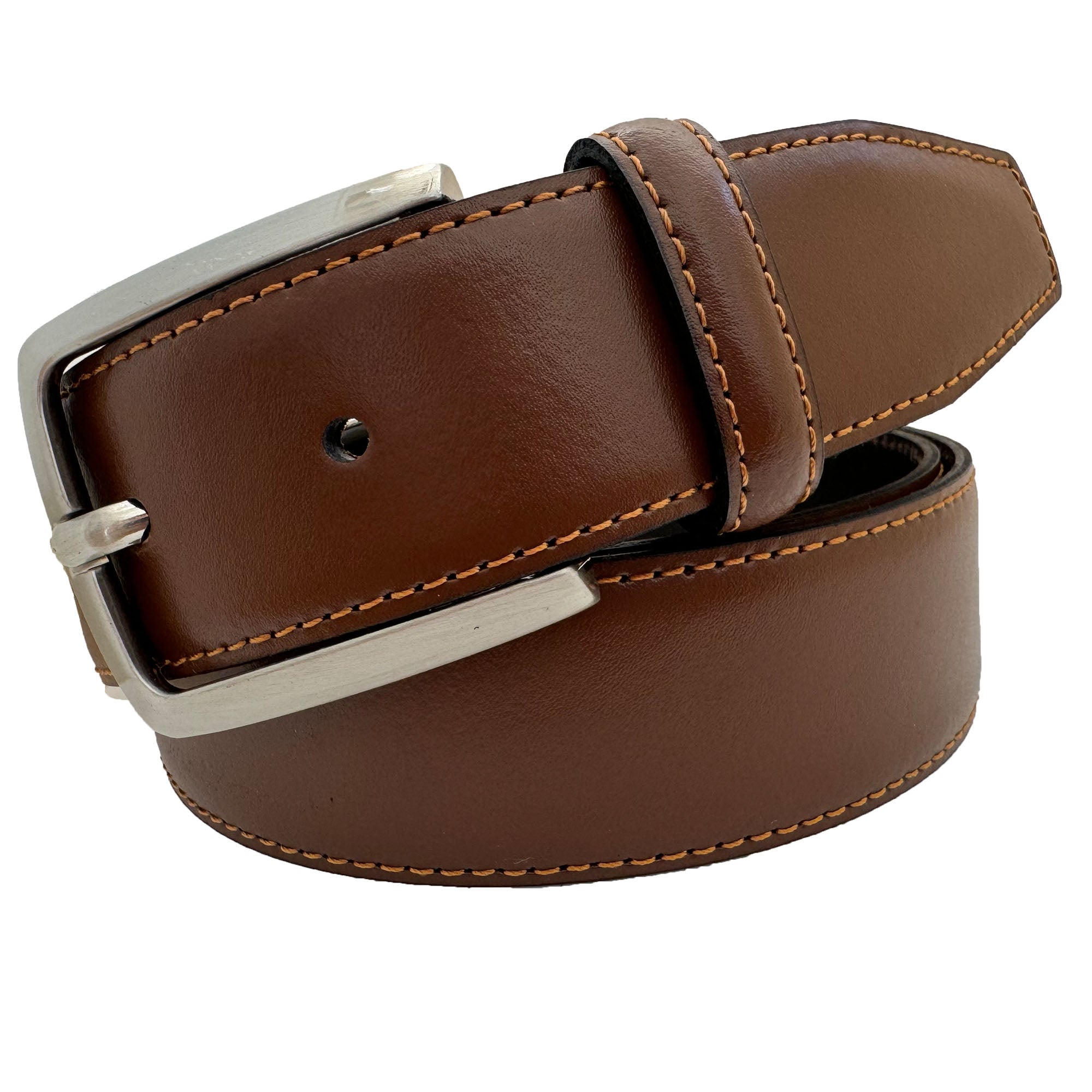CLASSIC STITCHED COGNAC TAN CALF LEATHER BELT 35MM