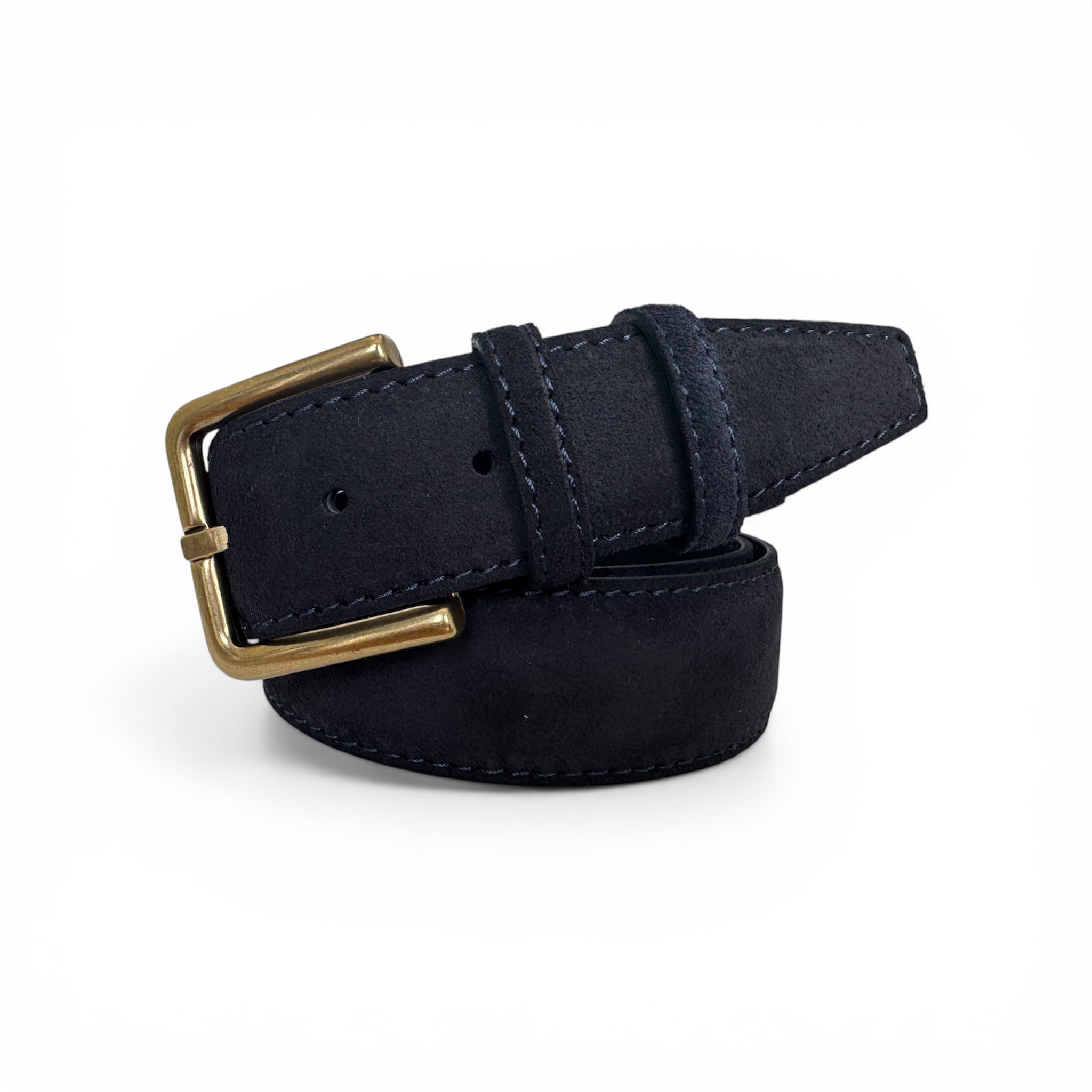 Navy belt with a gold buckle on a white background