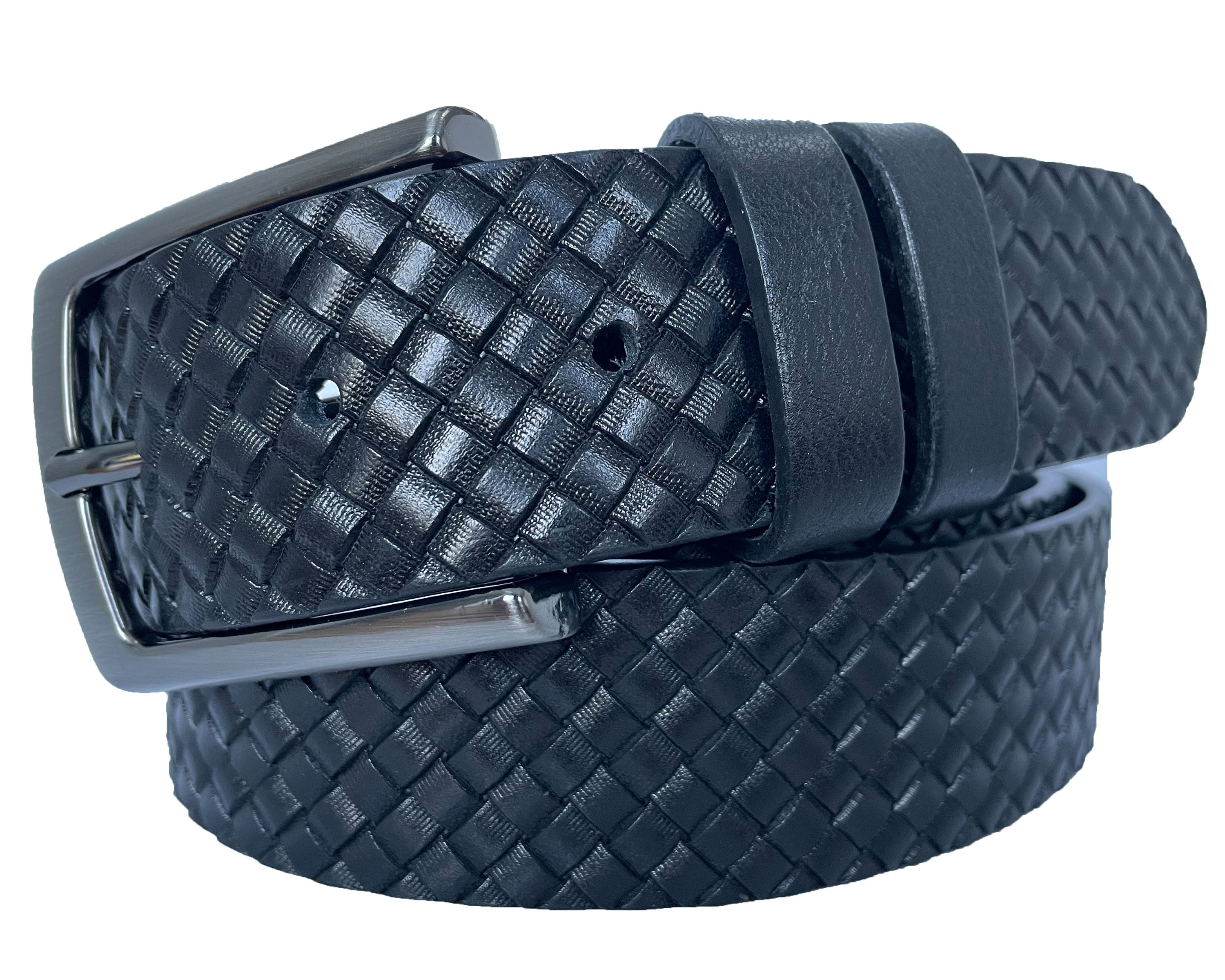 BLACK 35MM DOUBLE CHECK WEAVE EMBOSSED LEATHER BELT