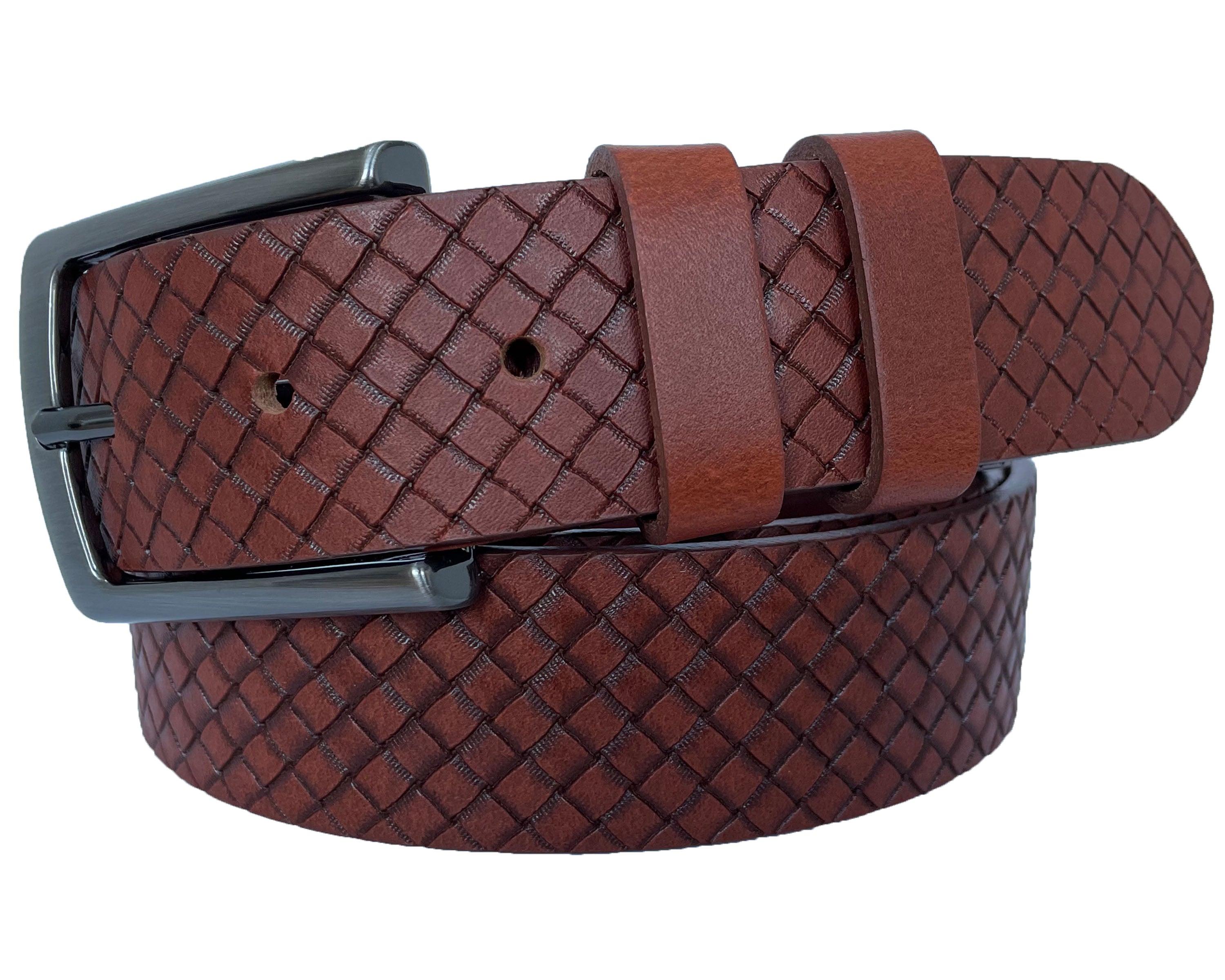 DARK TAN 35MM CHECK WEAVE EMBOSSED LEATHER BELT
