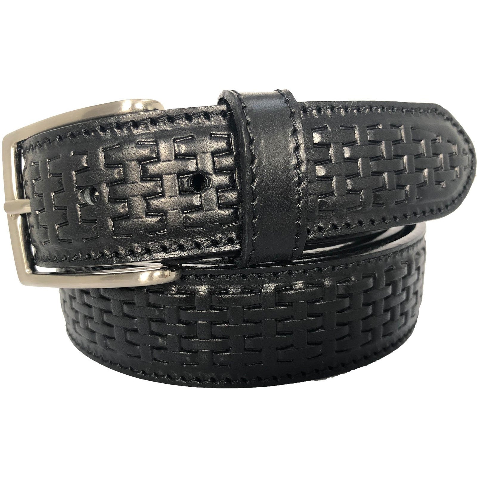 BLACK CROSS WEAVE EMBOSSED 35MM LEATHER BELT