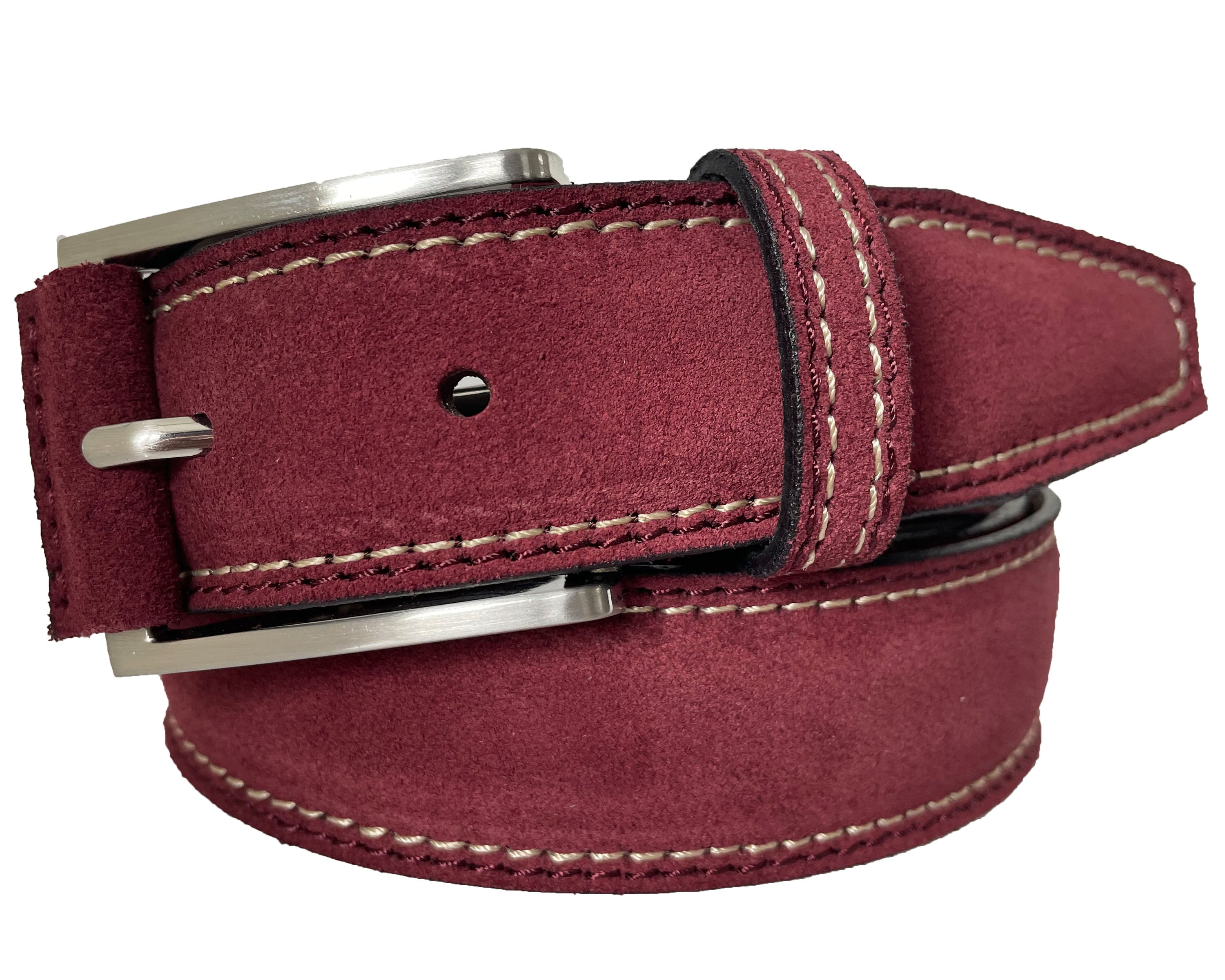 BURGUNDY SUEDE BELT WITH CREAM CONTRAST STITCH 35MM