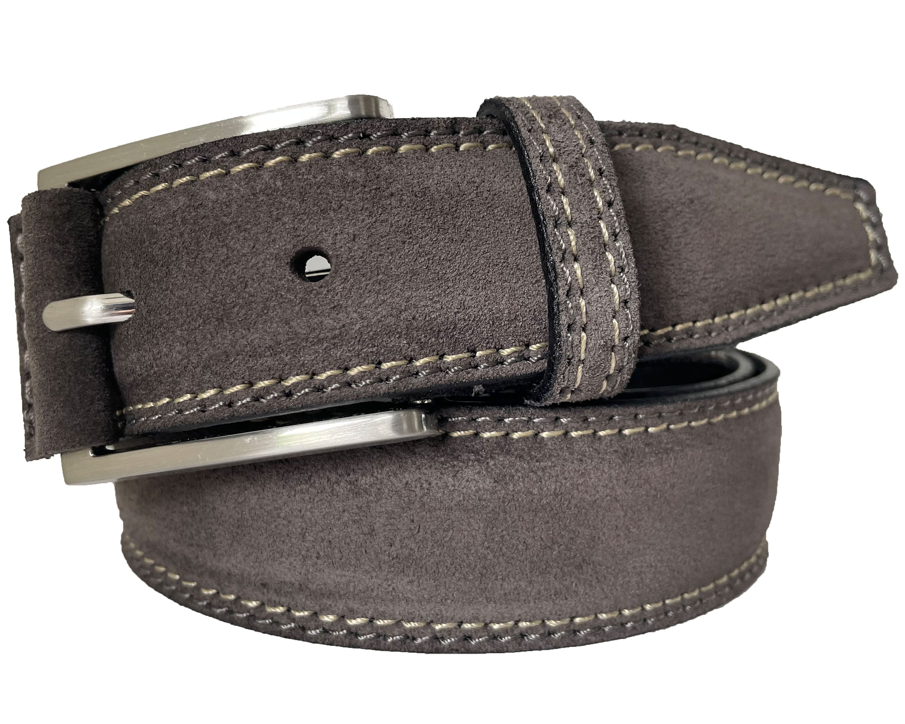 CONTRAST CREAM STITCH GREY SUEDE BELT 35MM