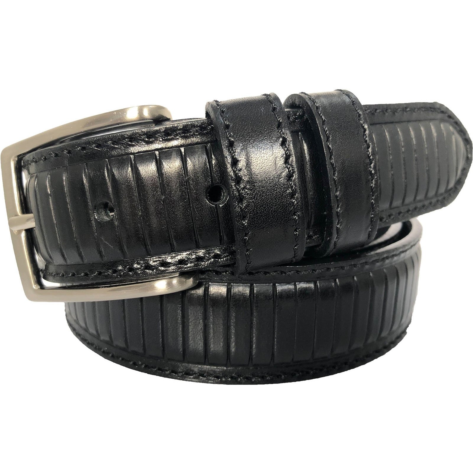BLACK STRIPE EMBOSSED 35MM LEATHER BELT
