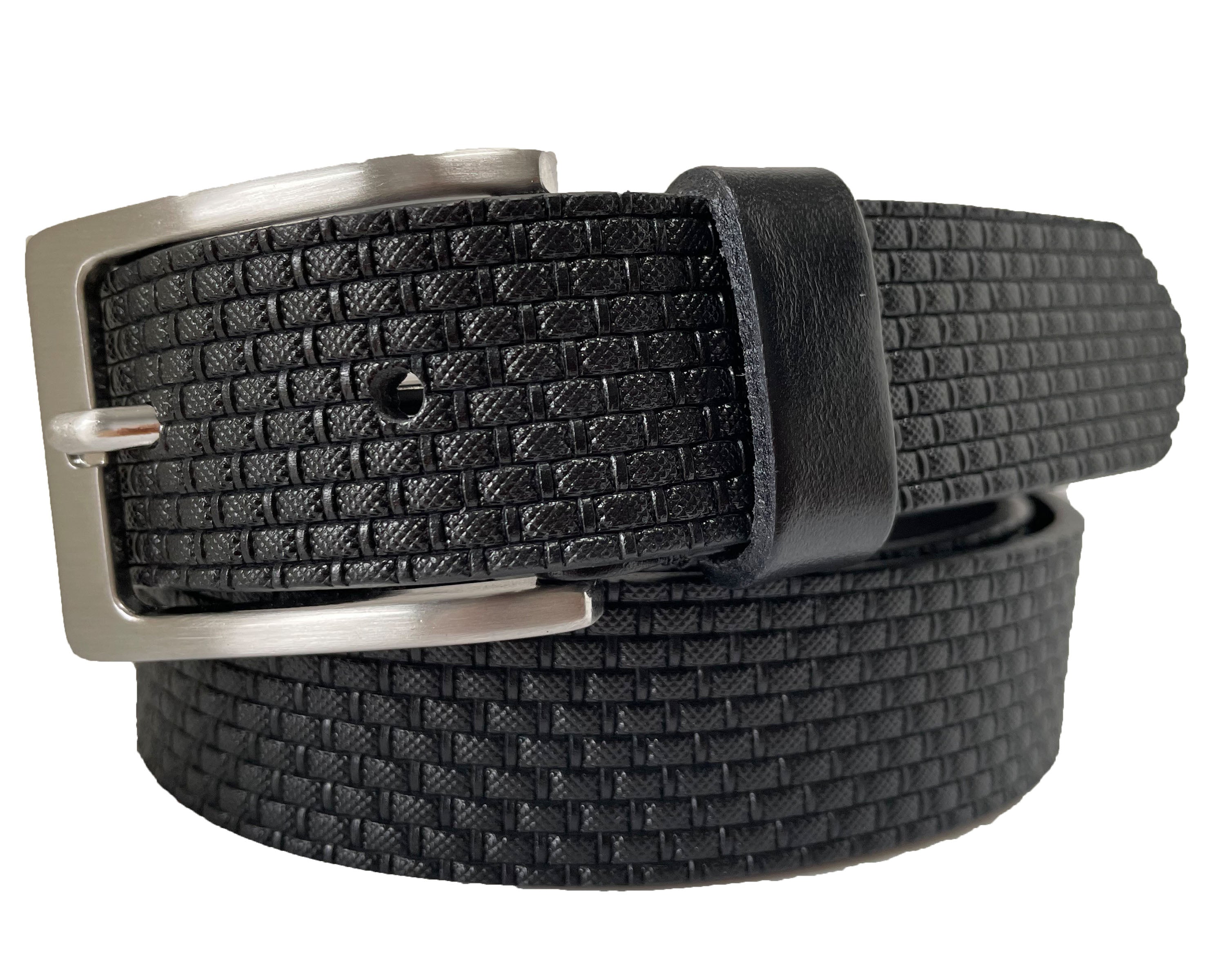 BLACK 30MM SINGLE SKIN HIDE EMBOSSED PRINT LEATHER BELT