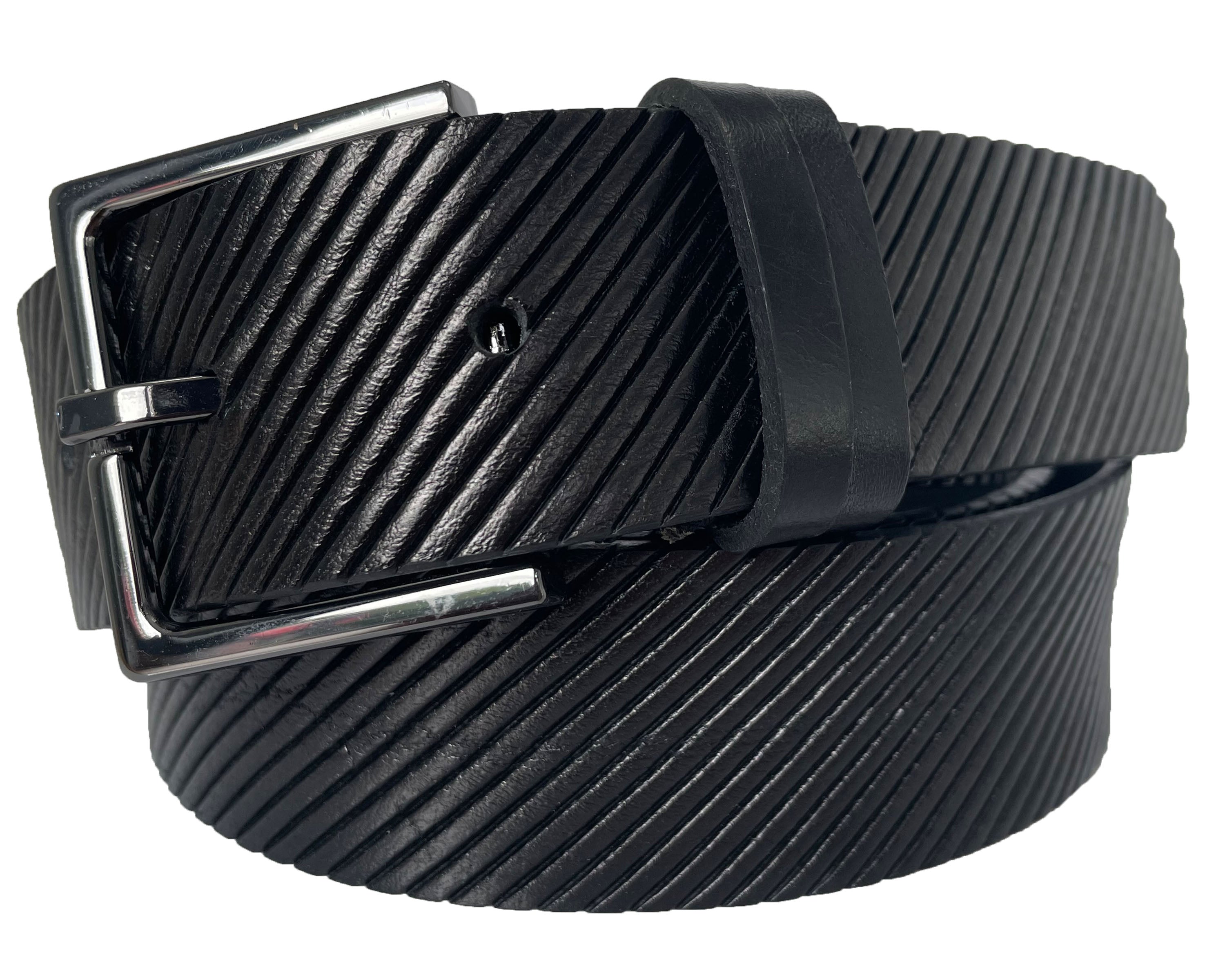 BLACK ROLLED DIAGNOL EMBOSSED 35mm LEATHER BELT