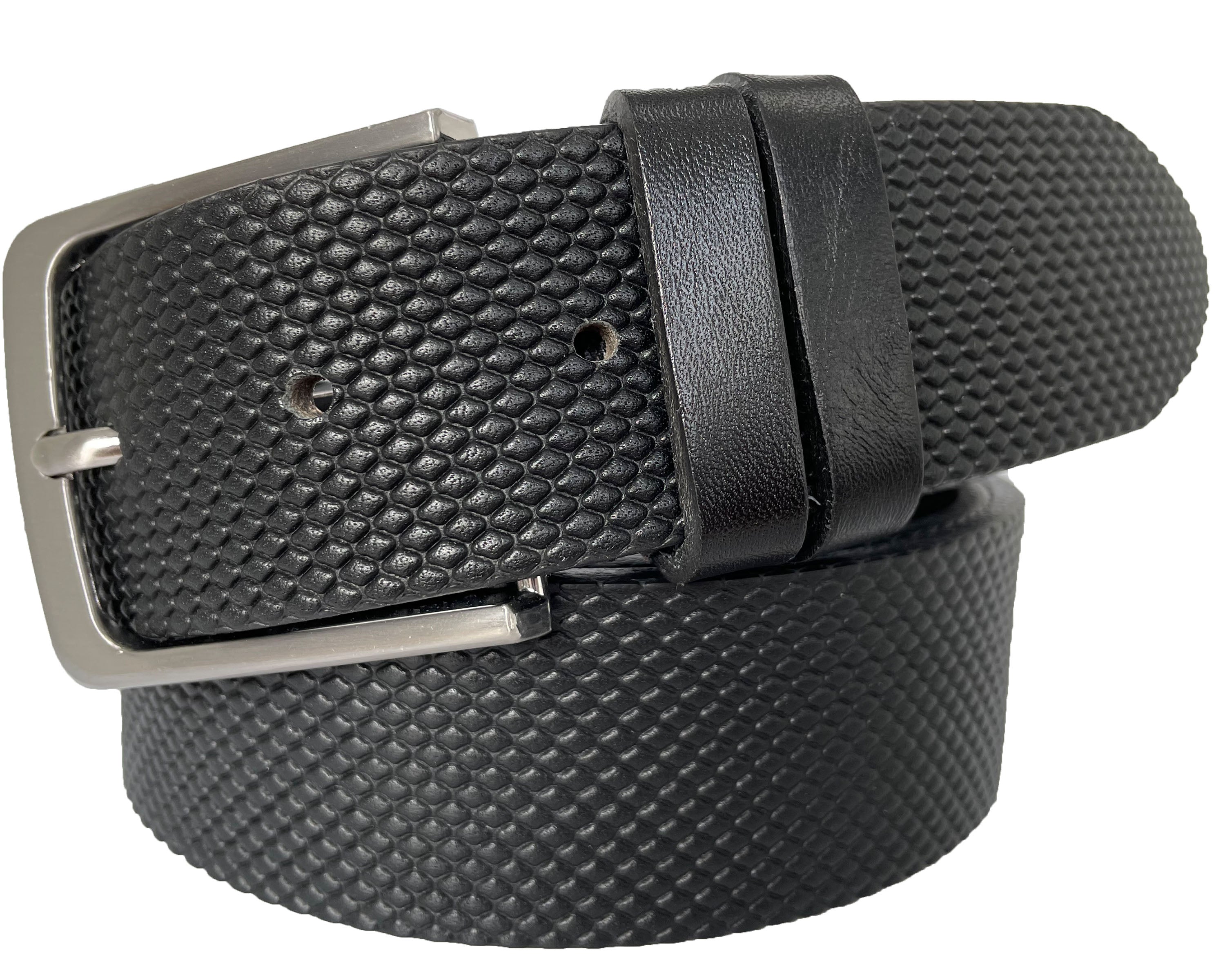 BLACK 40MM EMBOSSED DOUBLE LOOP LEATHER BELT