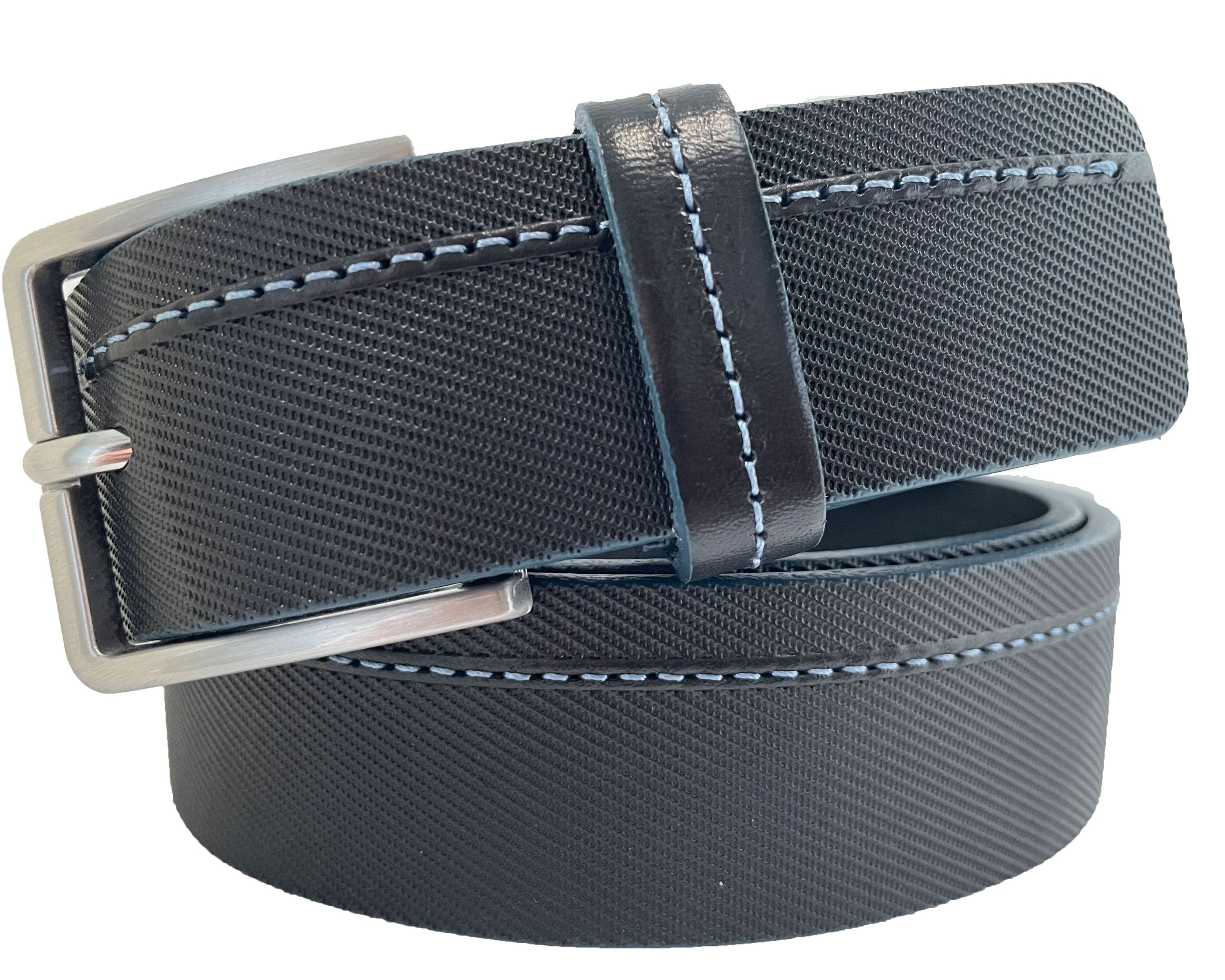 BLACK 35MM WITH EMBOSSING & BLUE CONTRAST STITCHED LEATHER BELT