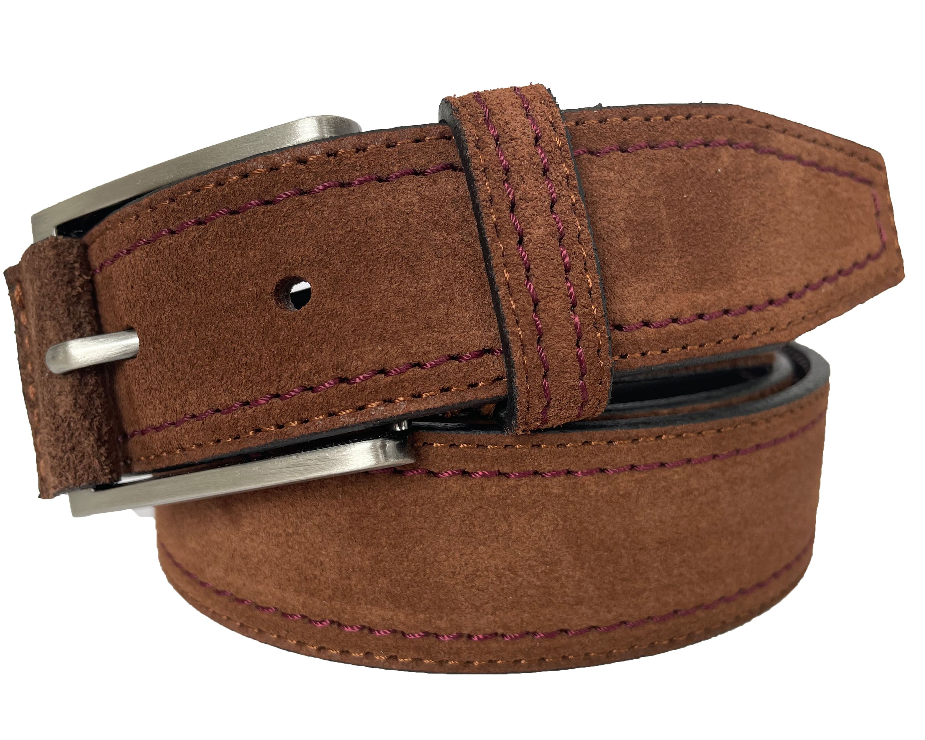 BROWN SUEDE BELT WITH BURGUNDY CONTRAST STITCH 35MM