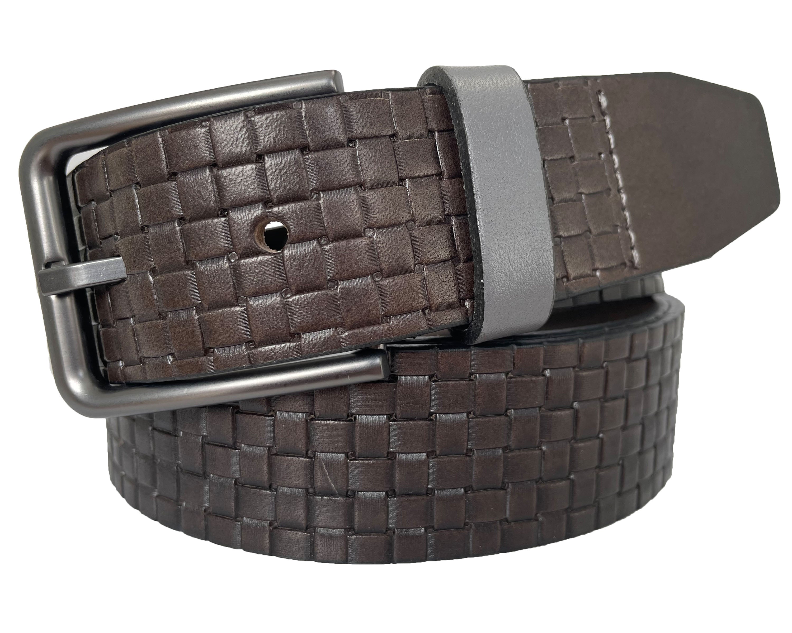 BROWN 35MM WEAVE EMBOSSED LEATHER BELT GREY CONTRAST LOOP