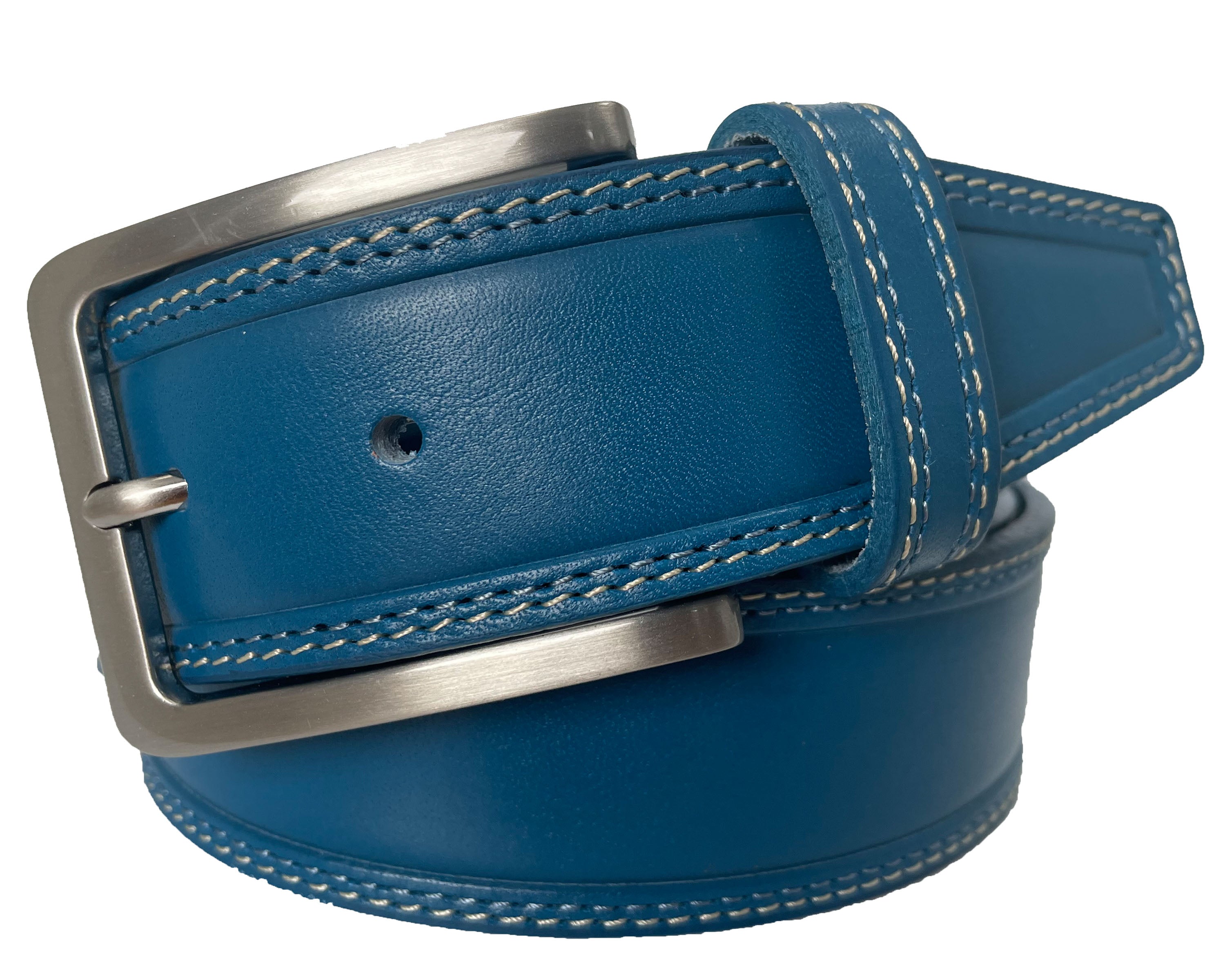 COBALT BLUE DOUBLE STITCHED LEATHER BELT