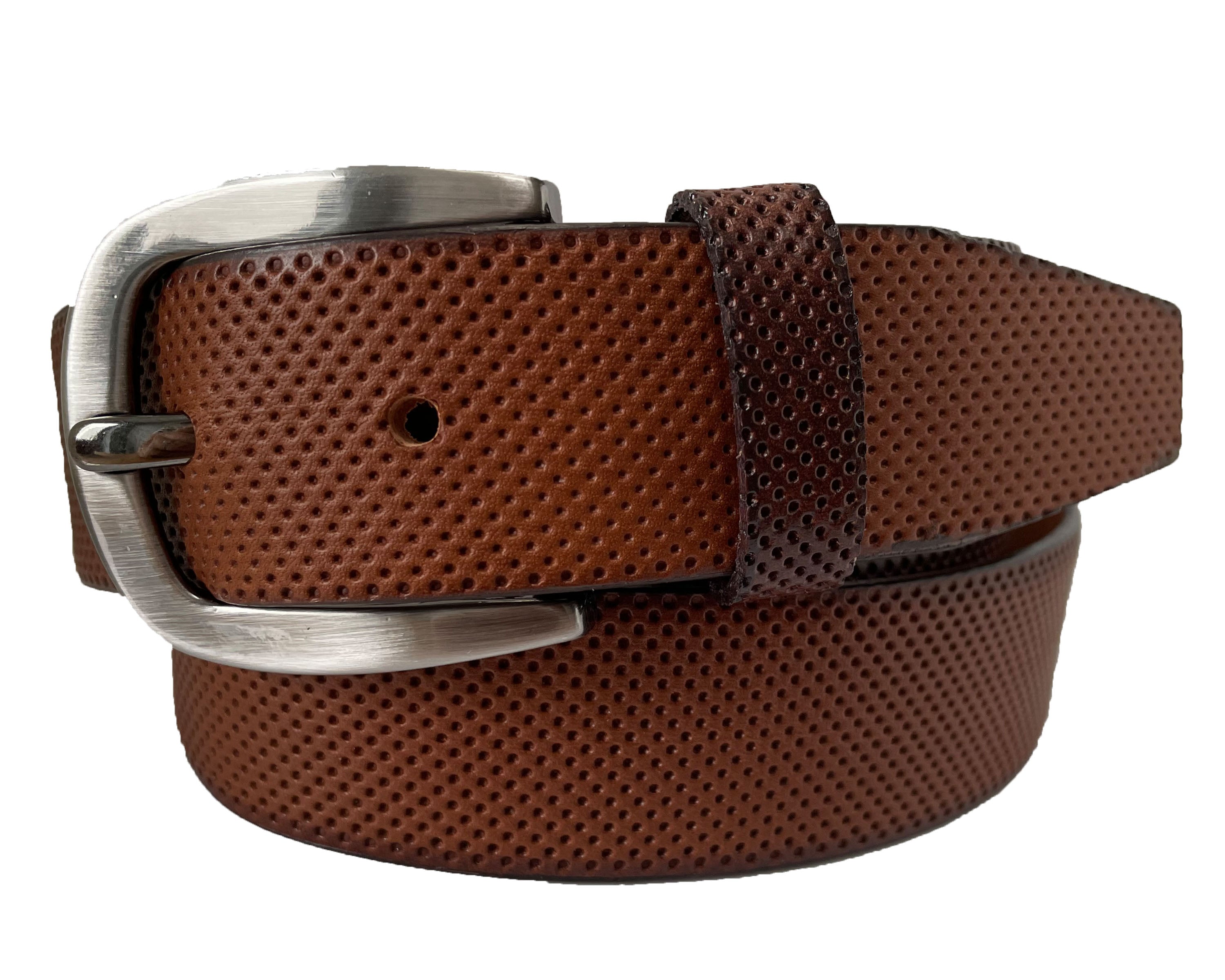 COGNAC TAN LEATHER BELT PERFORATED EMBOSSED HIDE 35MM