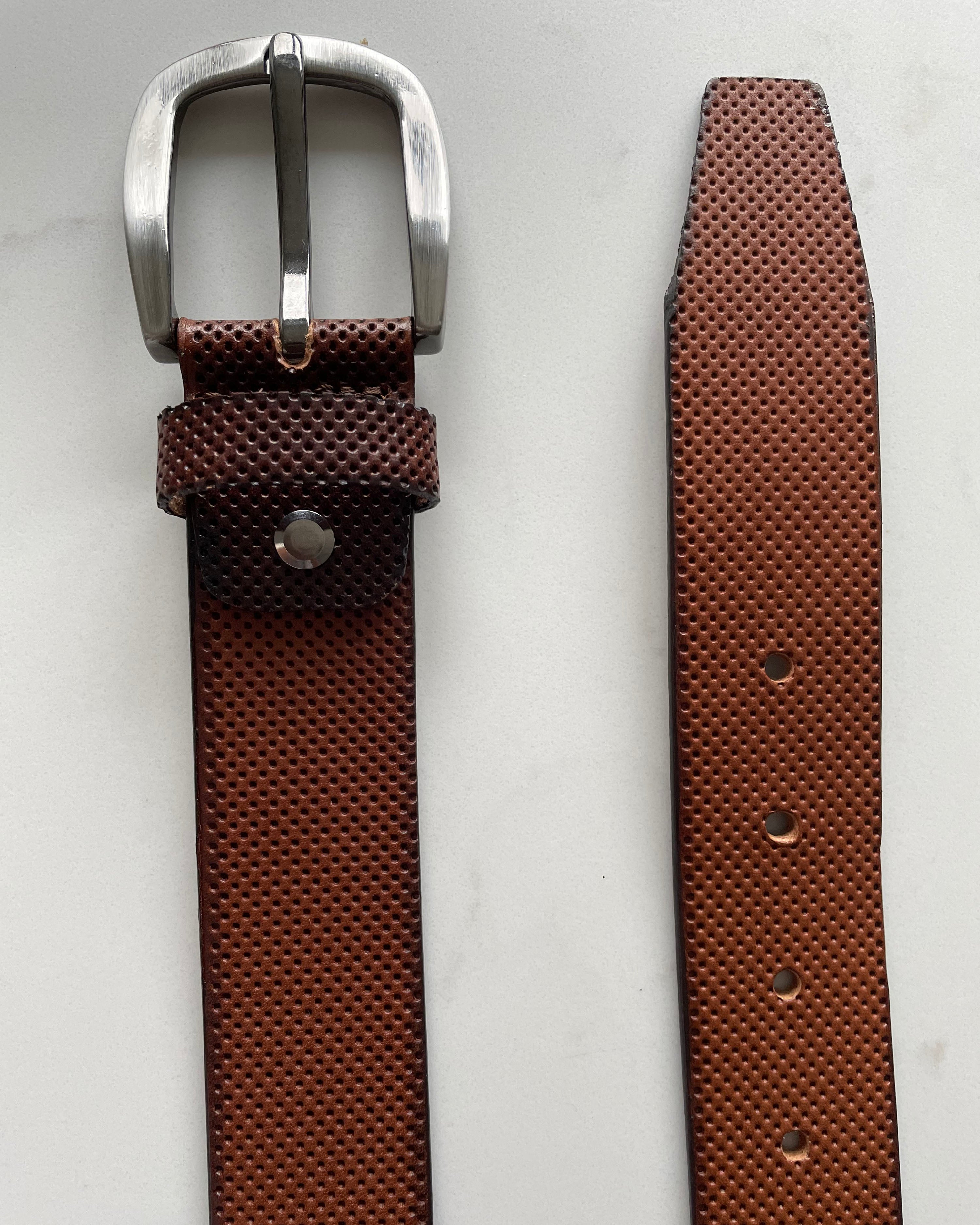 COGNAC TAN LEATHER BELT PERFORATED EMBOSSED HIDE 35MM