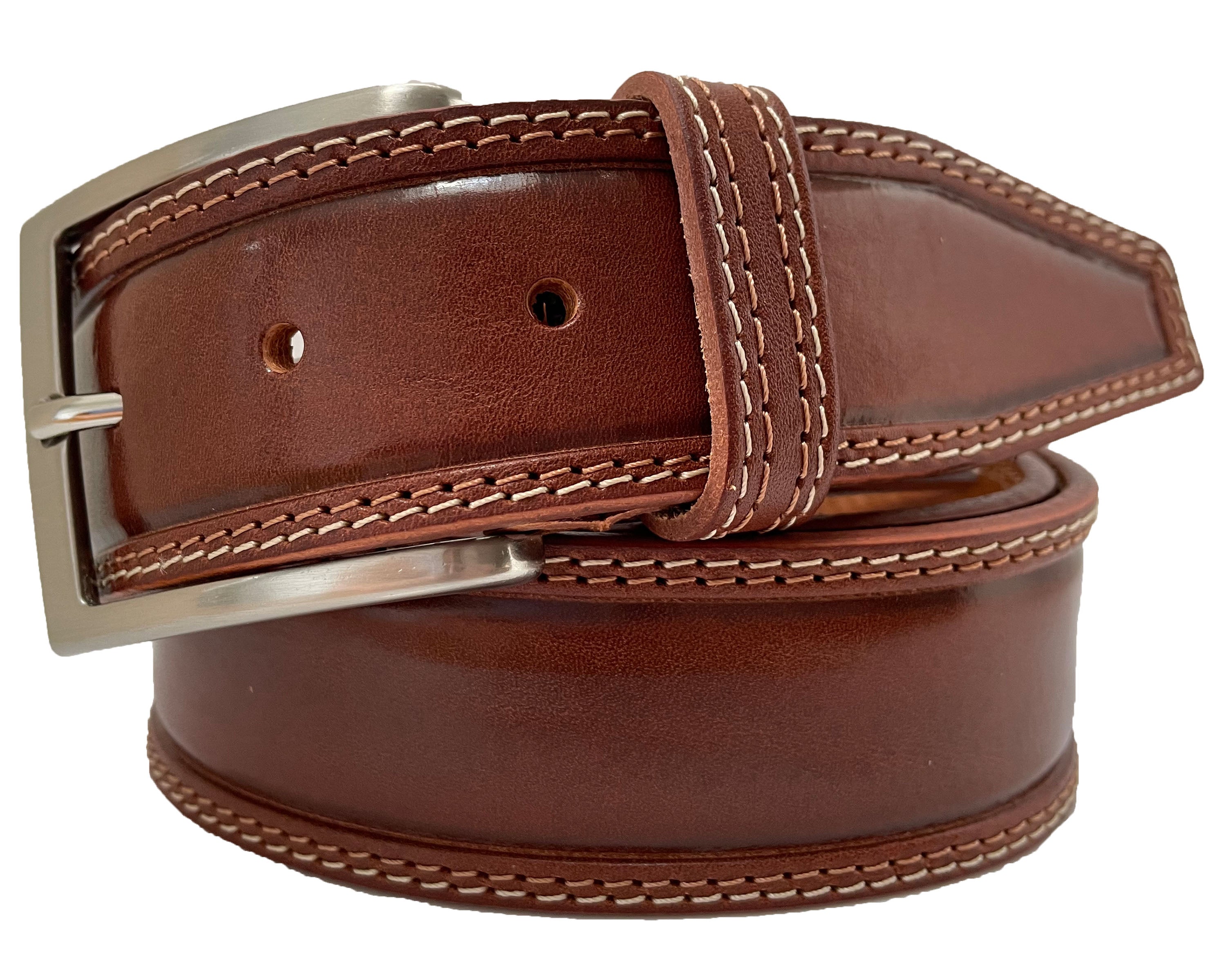 COGNAC TAN DOUBLE STITCHED LEATHER BELT