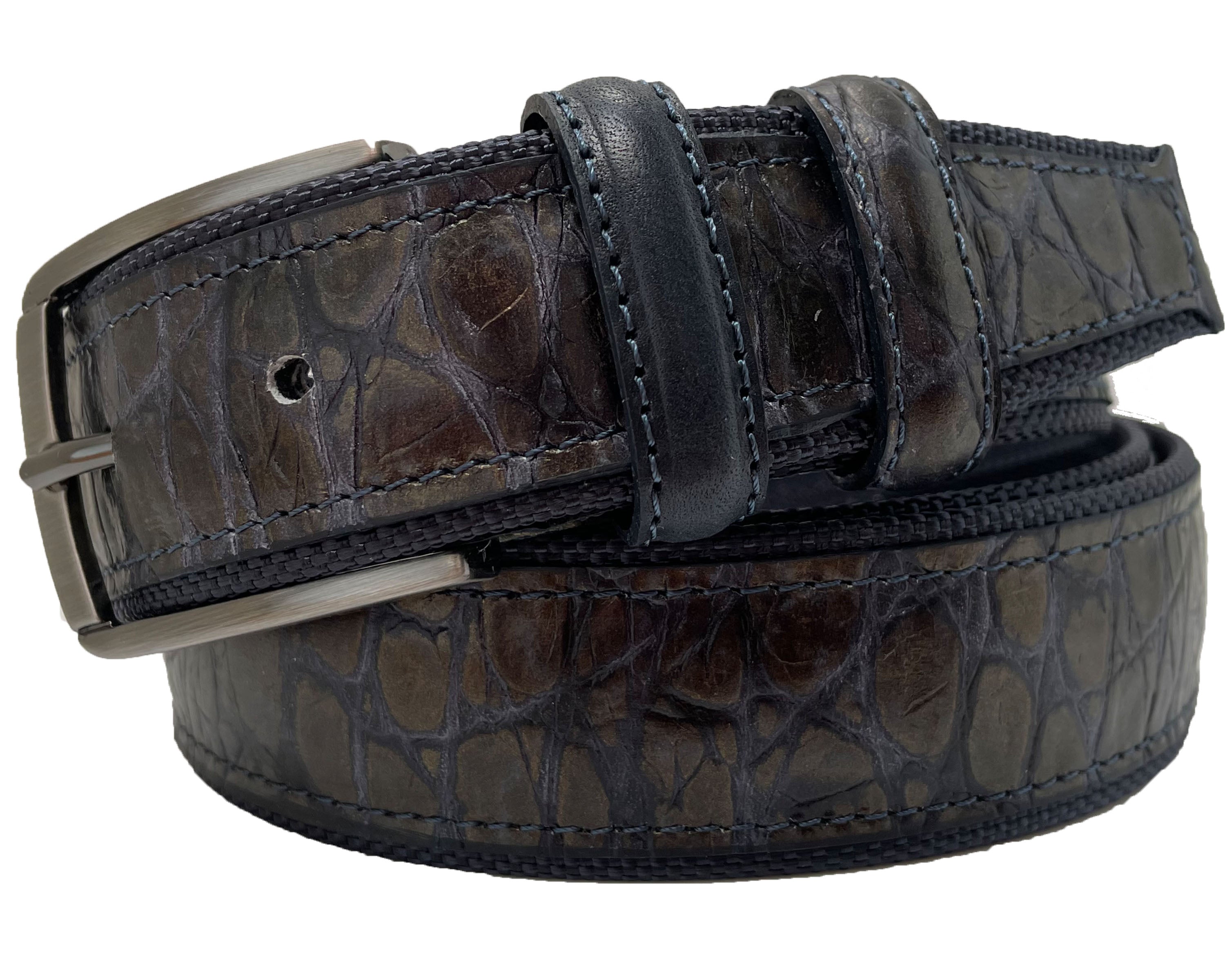BLUE CROCODILE IMPRINTED LEATHER & CANVAS 35MM LEATHER BELT