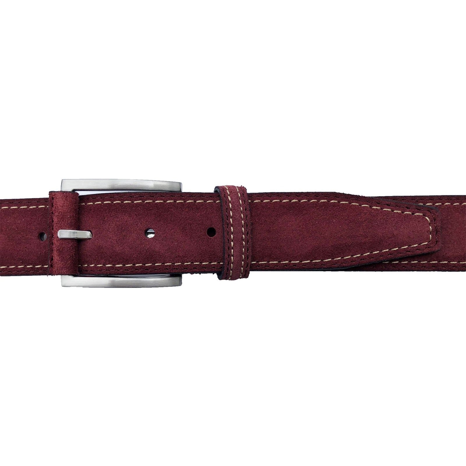BURGUNDY SUEDE BELT WITH CREAM CONTRAST STITCH 35MM