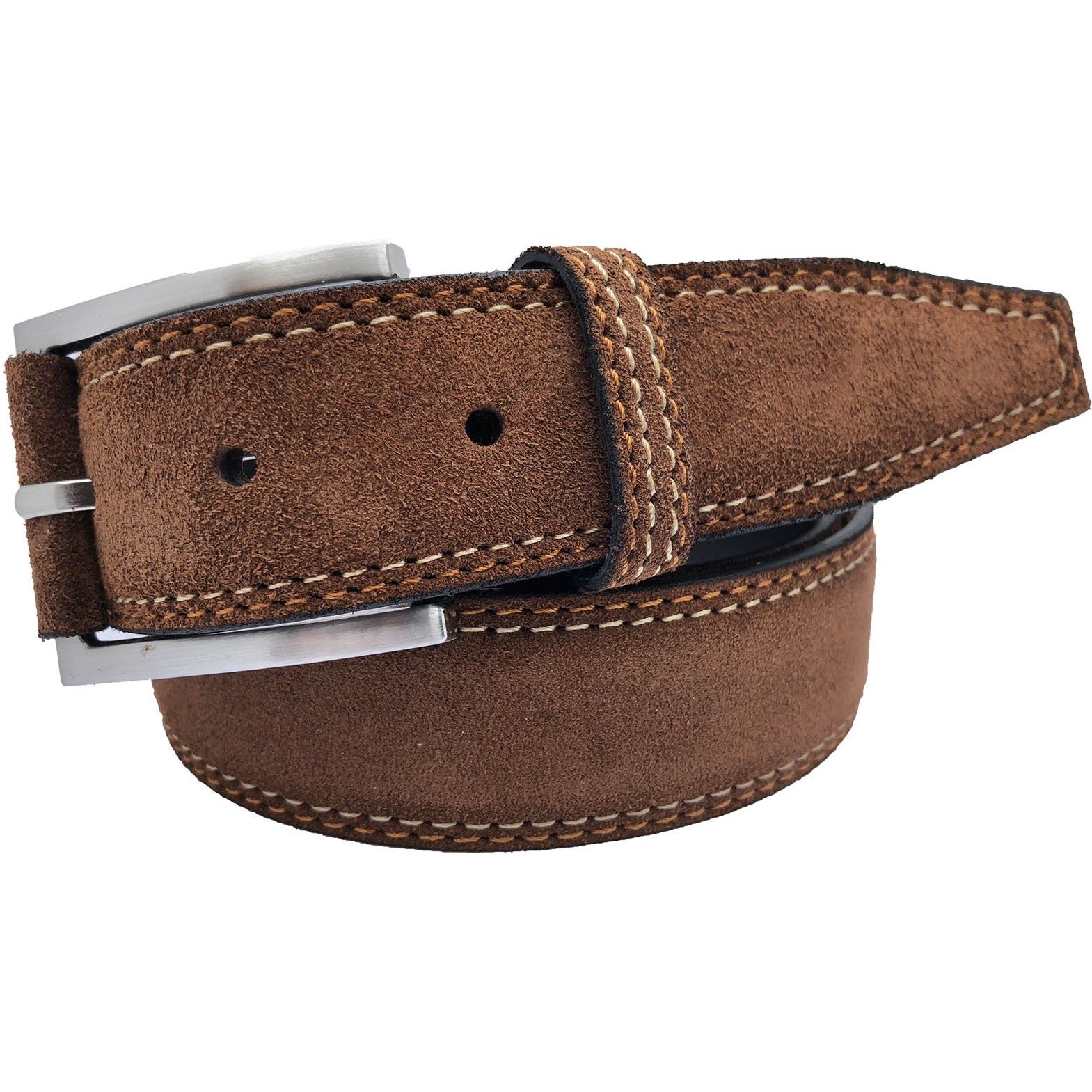 CONTRAST STITCH BEIGE ON COGNAC TAN SUEDE BELT 35MM