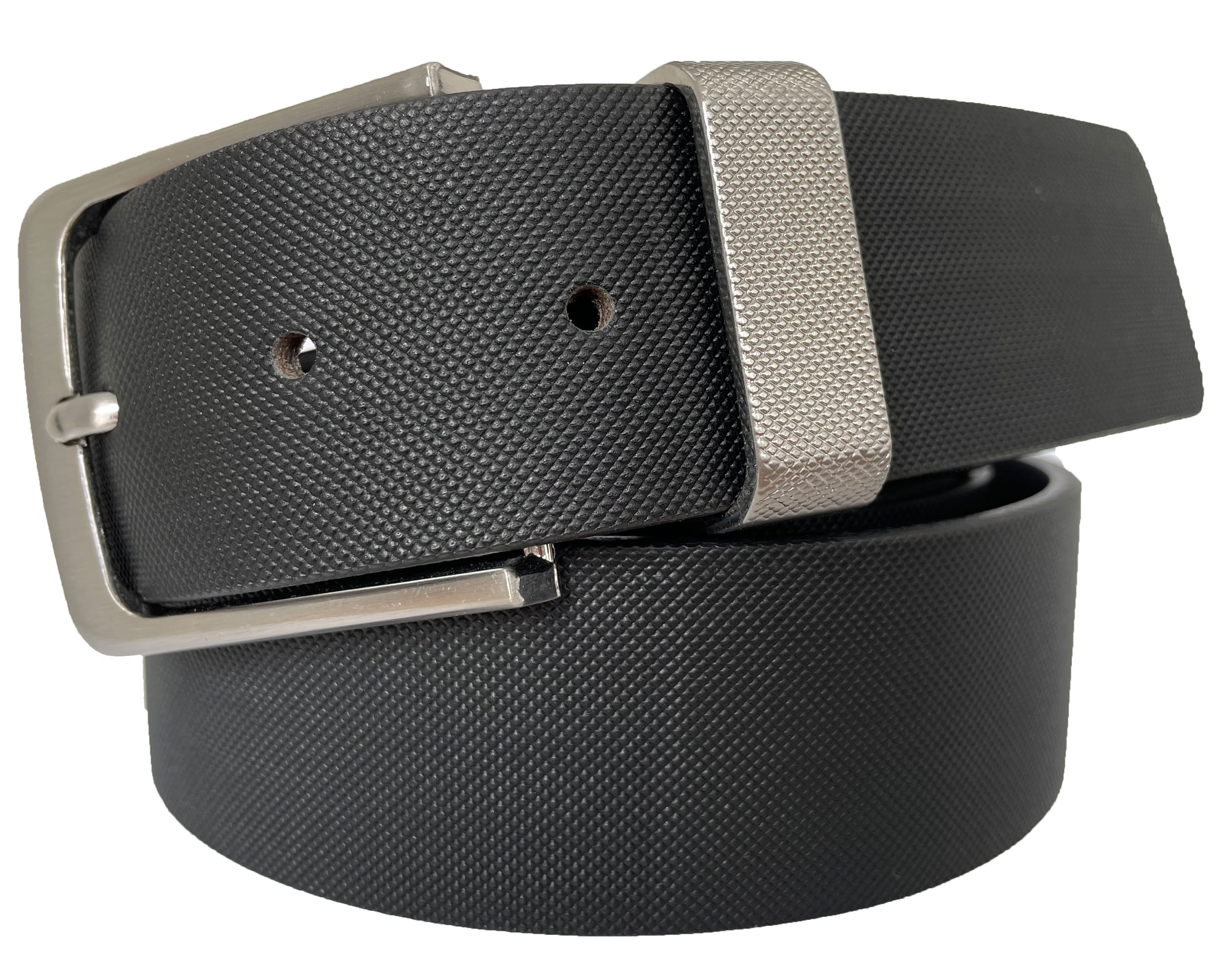 BLACK 40MM TEXTURED EMBOSS HIDE LEATHER BELT WITH EMBOSSED METAL LOOP