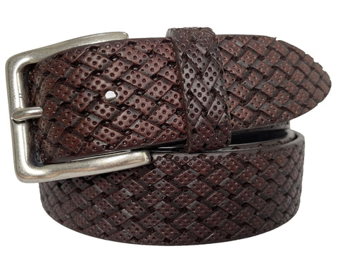 BROWN SINGLE LOOPED 35MM WEAVE EMBOSSED LEATHER BELT