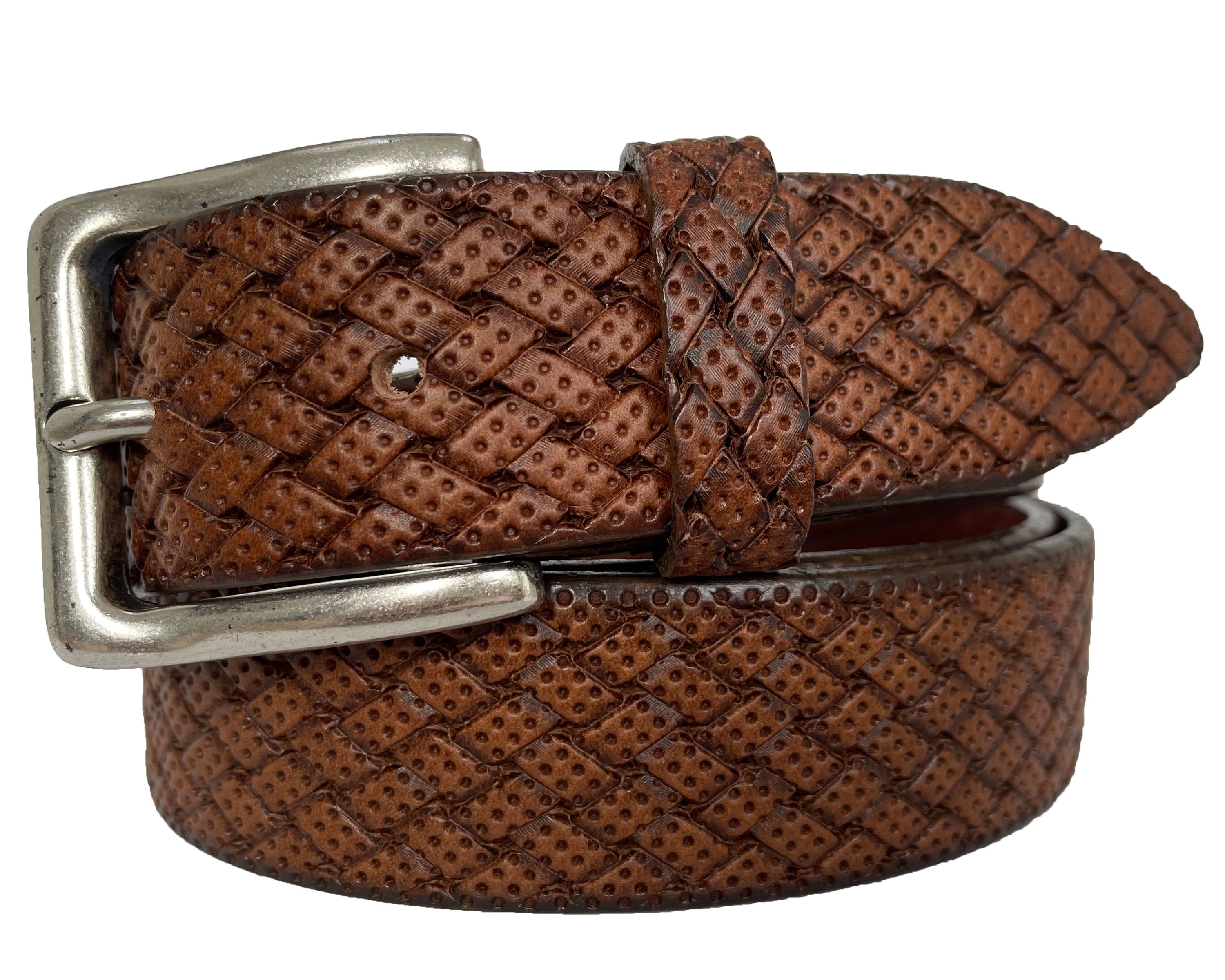 TAN SINGLE LOOPED 35MM WEAVE EMBOSSED LEATHER BELT