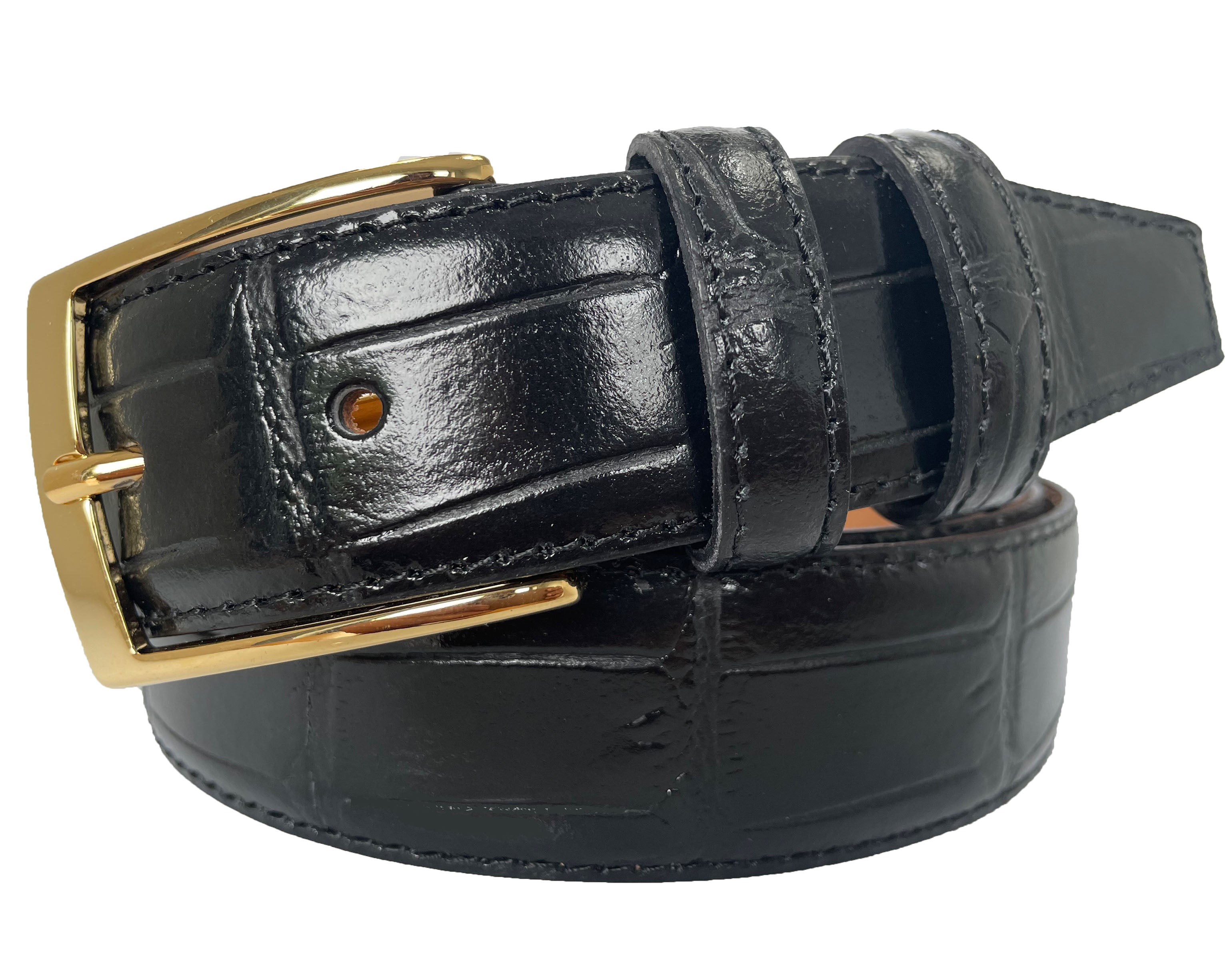 ITALIAN LEATHER BLACK CROCODILE GOLD BUCKLE 35MM