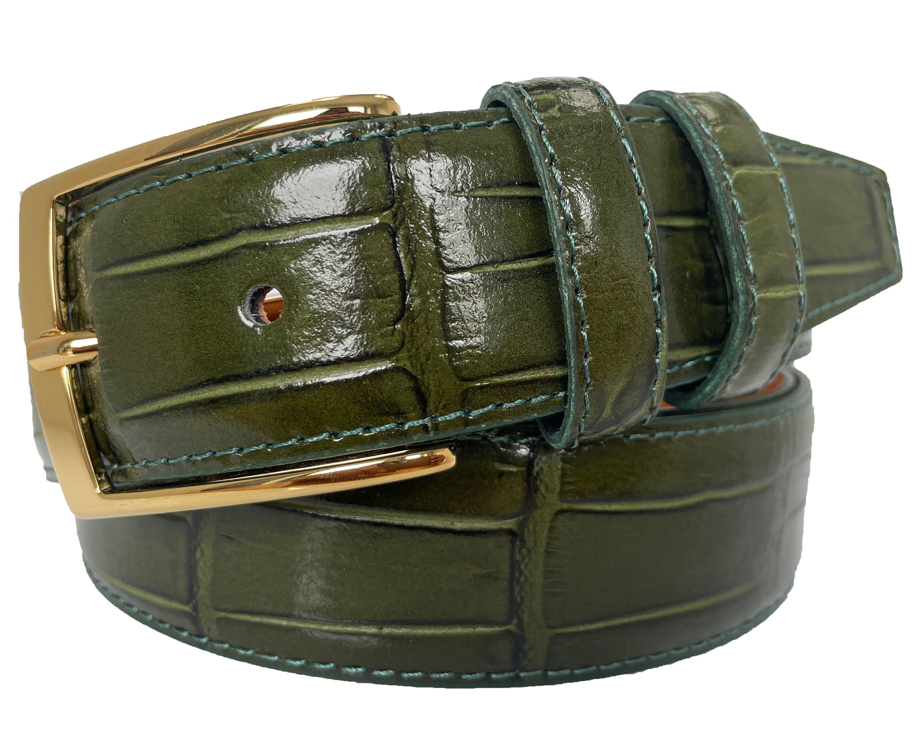 ITALIAN LEATHER GREEN CROCODILE GOLD BUCKLE 35MM