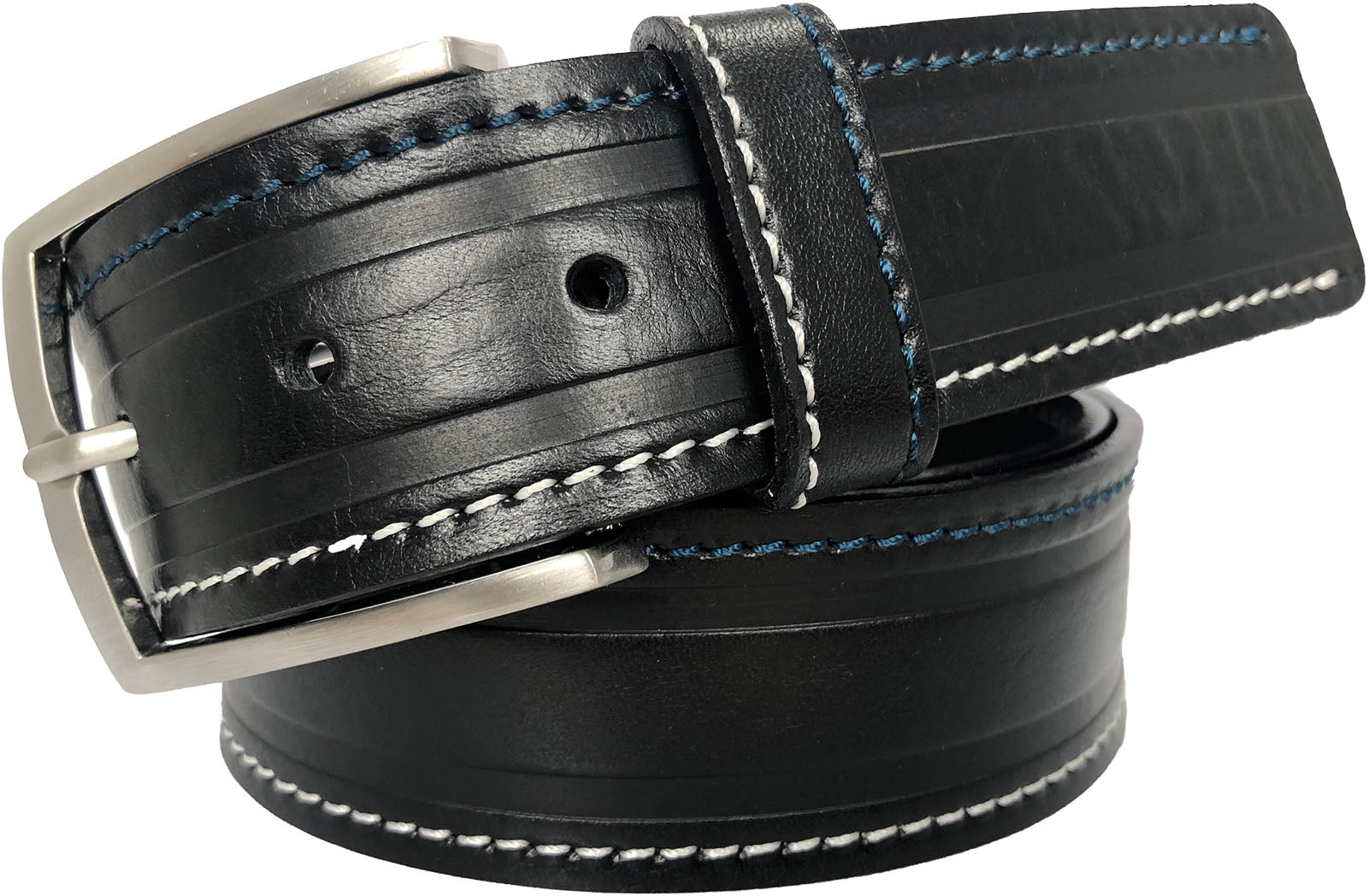 BLACK 40MM BLUE & WHITE CONTRAST STITCHED LEATHER BELT