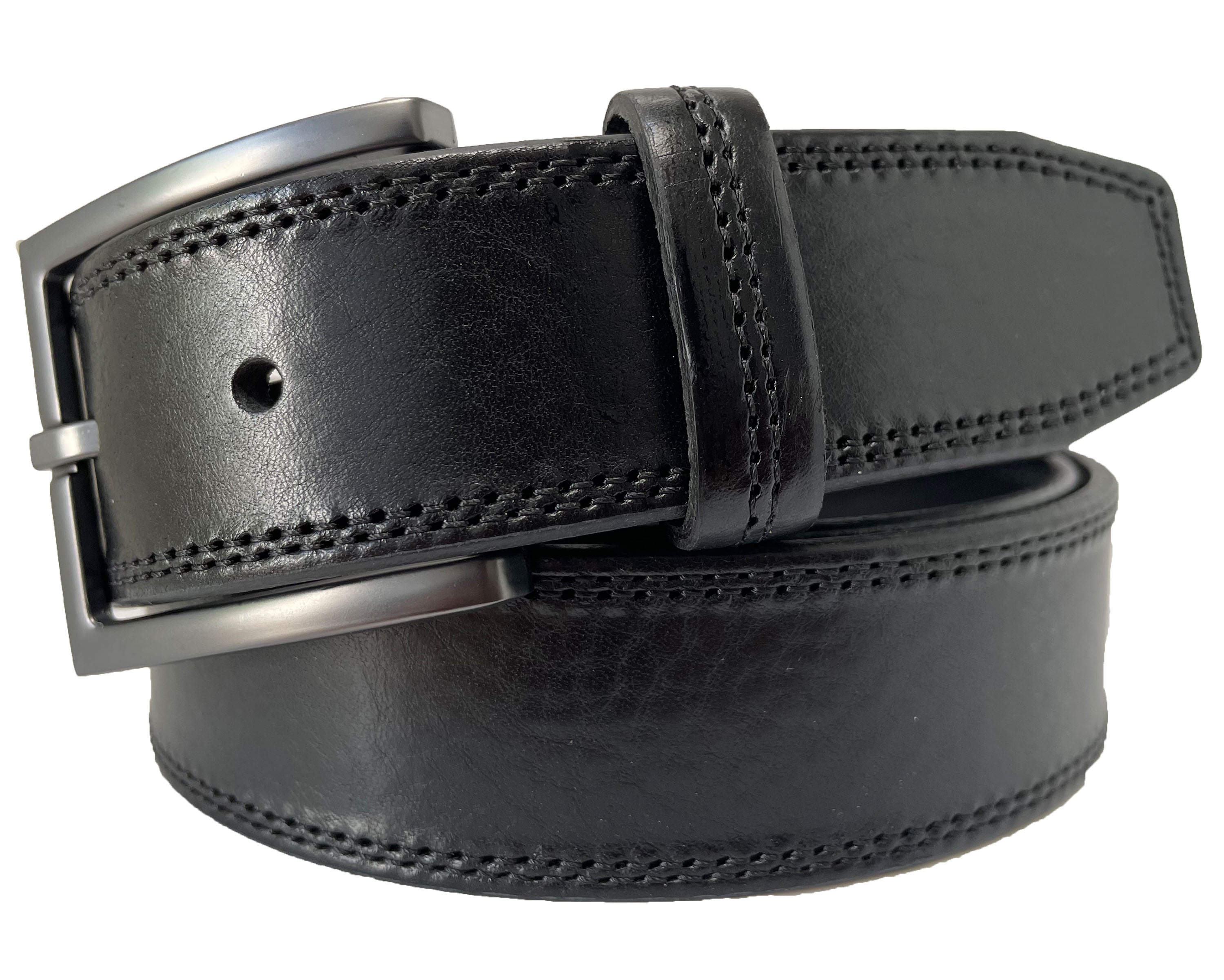 BLACK DOUBLE STITCHED HIDE LEATHER BELT 35MM